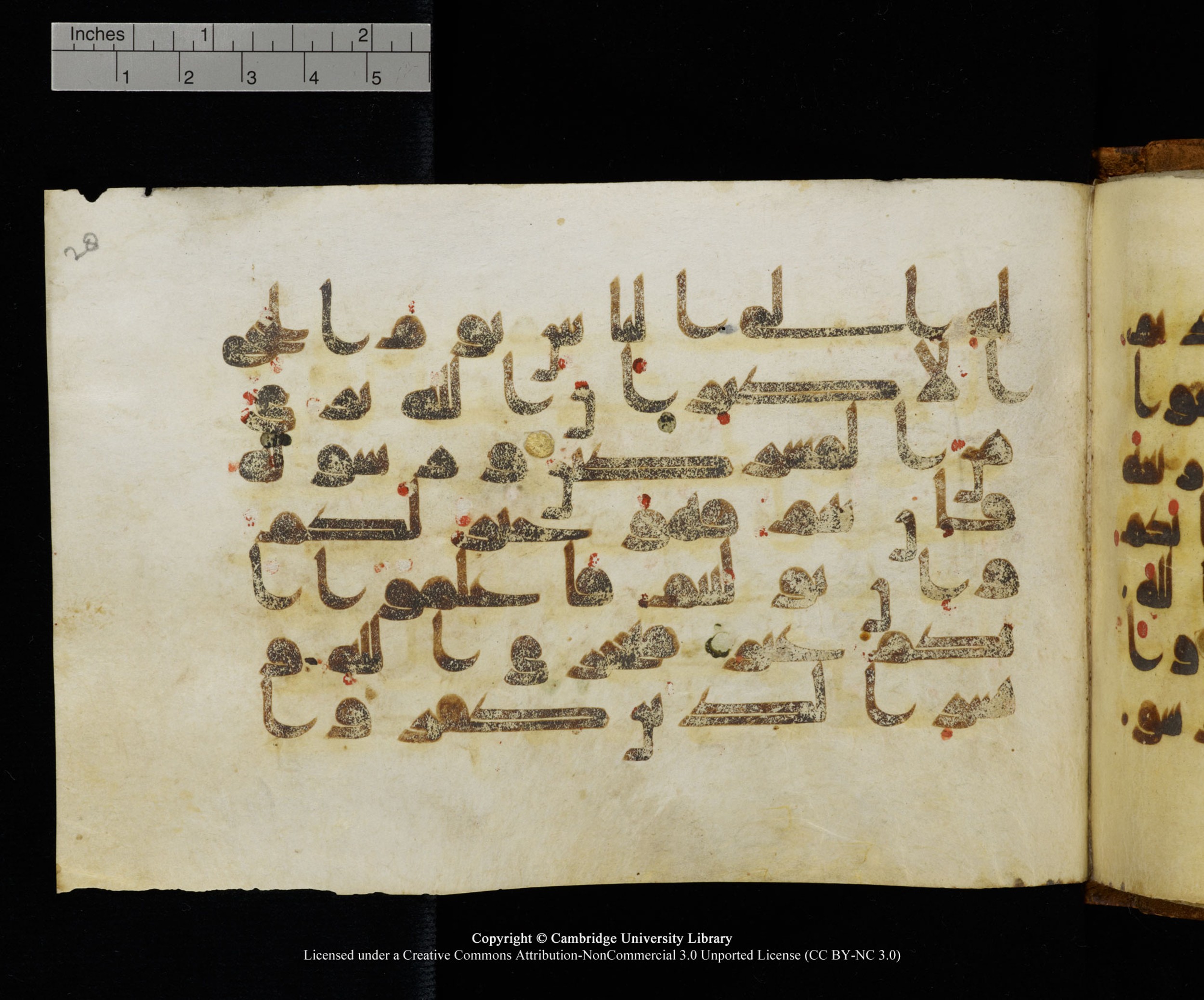 MS Add.1124 (Scan 2), in kūfī D I script, showing Surah 9:3 from 9th to 10th Century AD found in Sinai Peninsula, currently housed at Cambridge University Library, Cambridge