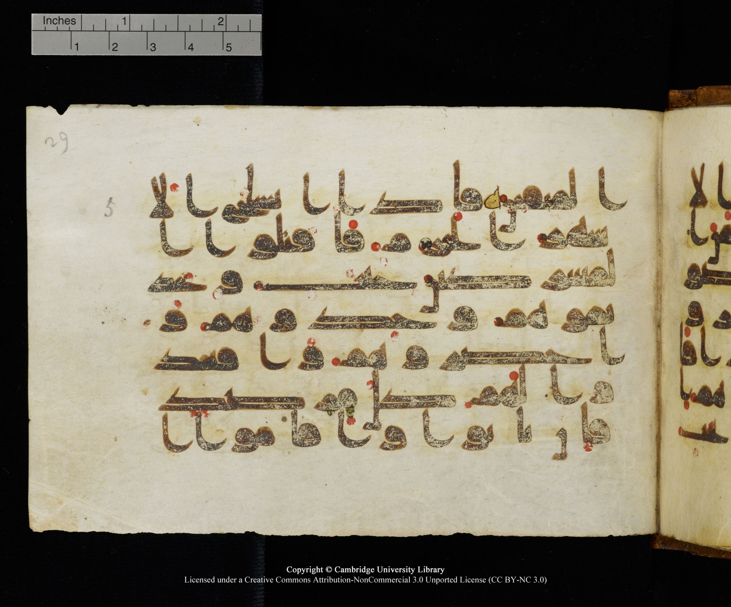 MS Add.1124 (Scan 2), in kūfī D I script, showing Surah 9:4 from 9th to 10th Century AD found in Sinai Peninsula, currently housed at Cambridge University Library, Cambridge