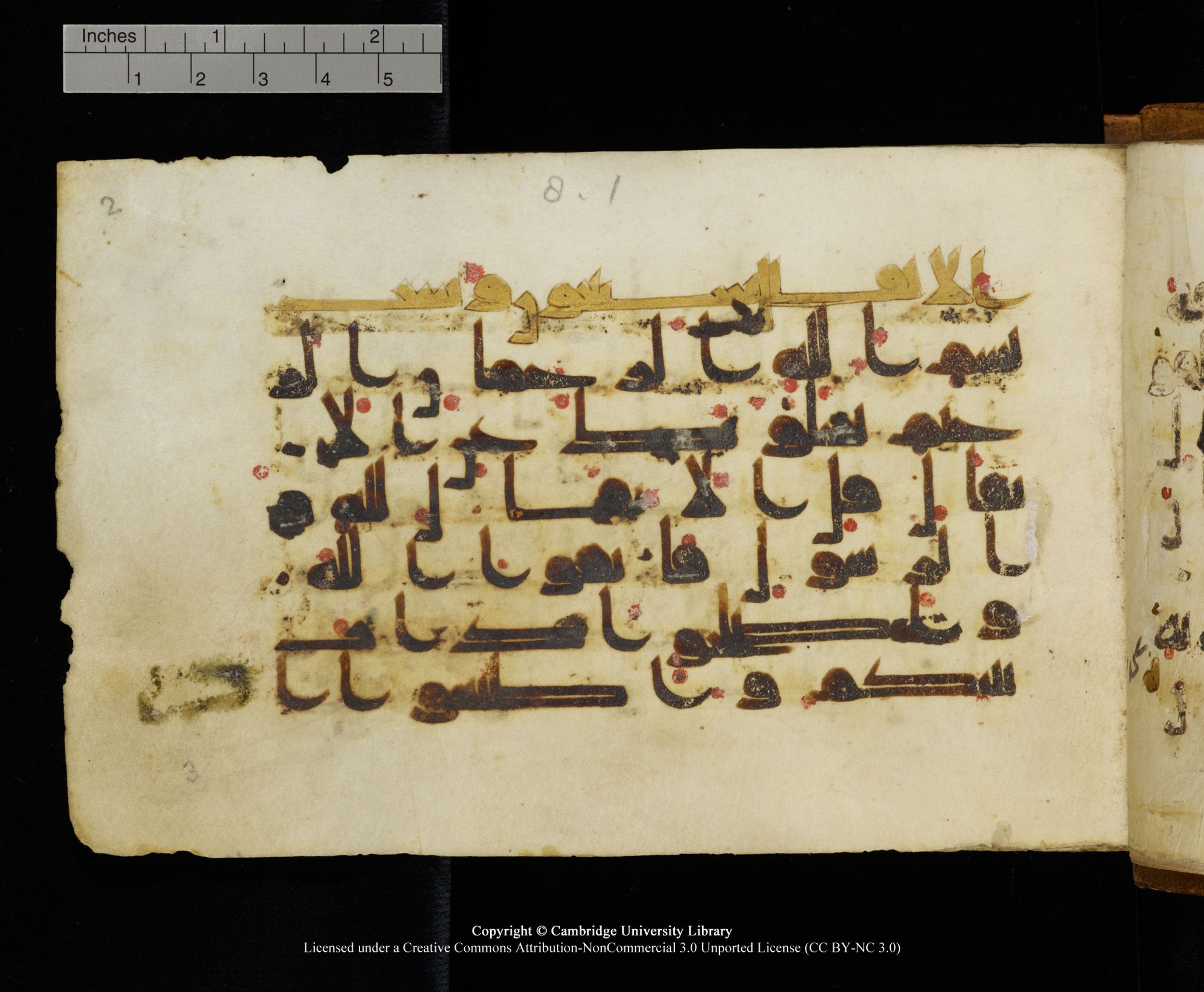 MS Add.1124 (Scan 1), in kūfī D I script, showing Surah 8:1 from 9th to 10th Century AD found in Sinai Peninsula, currently housed at Cambridge University Library, Cambridge