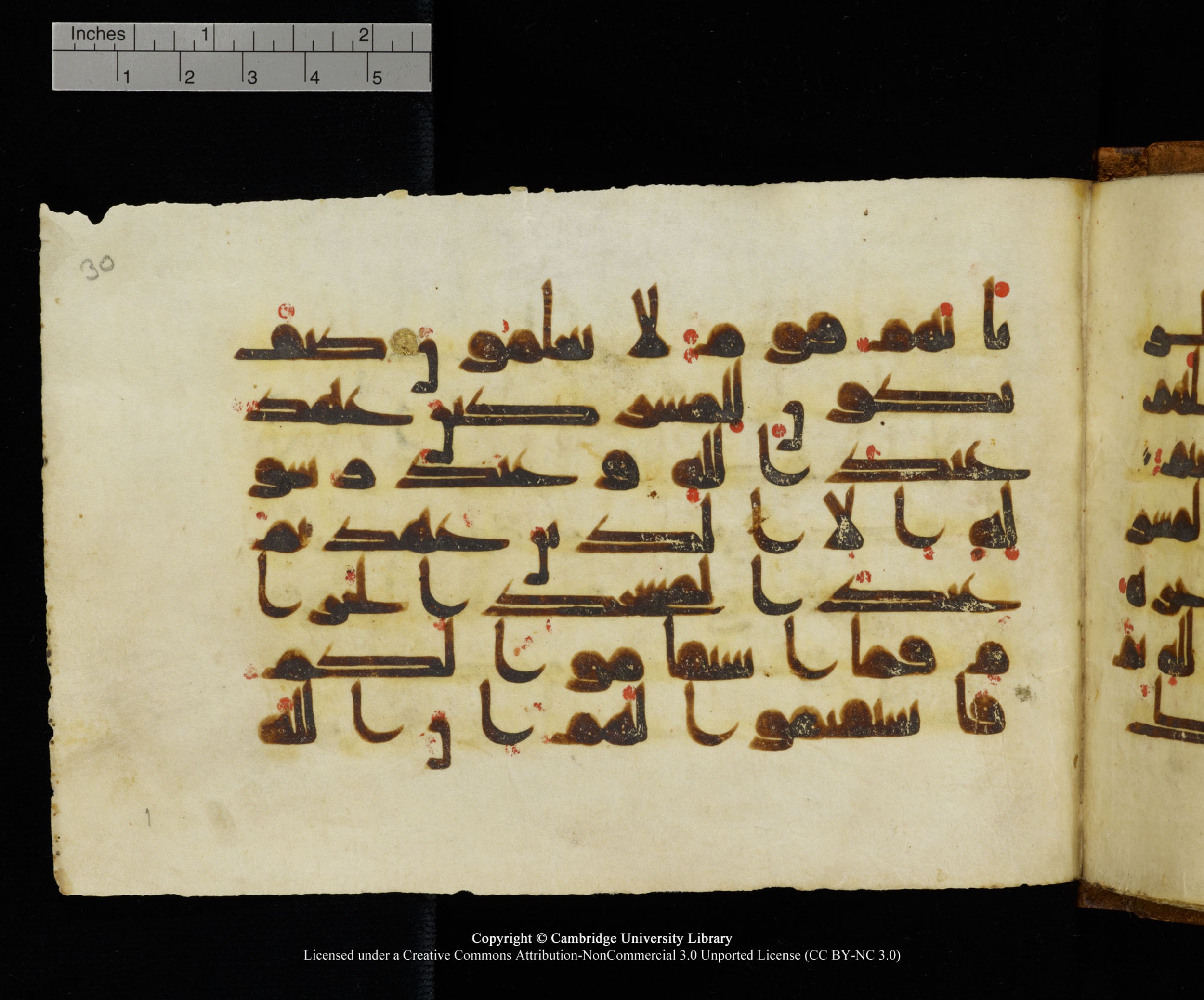 MS Add.1124 (Scan 1), in kūfī D I script, showing Surah 9:7 from 9th to 10th Century AD found in Sinai Peninsula, currently housed at Cambridge University Library, Cambridge