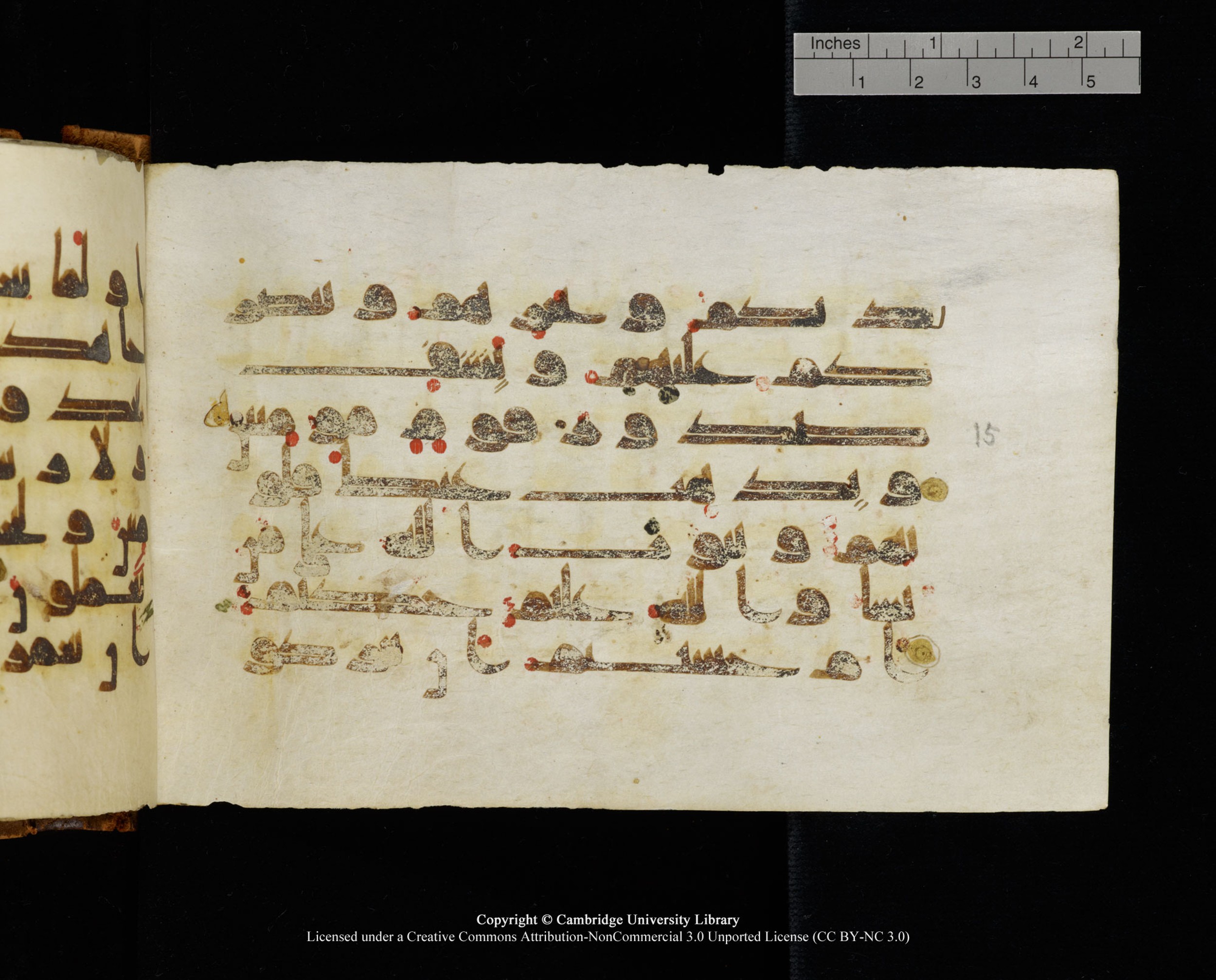 MS Add.1124 (Scan 2), in kūfī D I script, showing Surah 9:14 from 9th to 10th Century AD found in Sinai Peninsula, currently housed at Cambridge University Library, Cambridge