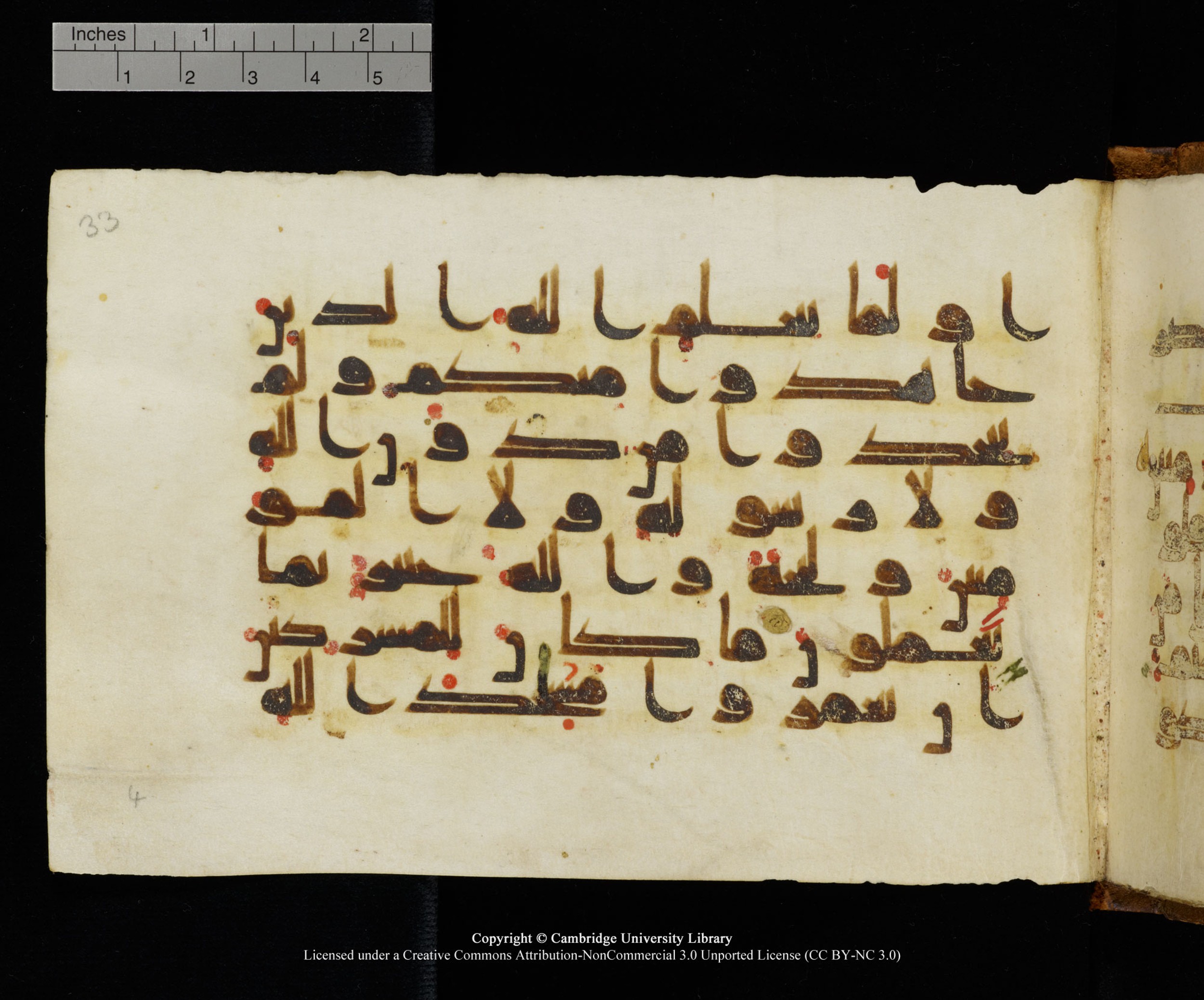 MS Add.1124 (Scan 2), in kūfī D I script, showing Surah 9:16 from 9th to 10th Century AD found in Sinai Peninsula, currently housed at Cambridge University Library, Cambridge
