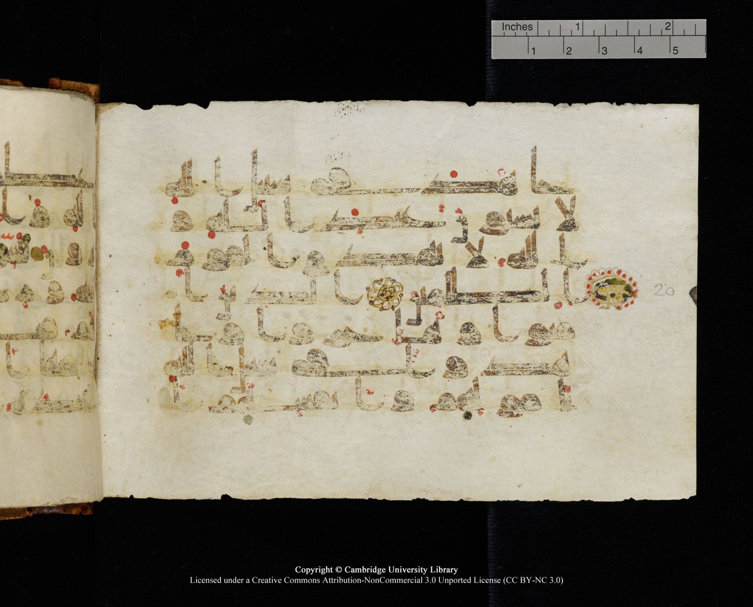 MS Add.1124 (Scan 1), in kūfī D I script, showing Surah 9:20 from 9th to 10th Century AD found in Sinai Peninsula, currently housed at Cambridge University Library, Cambridge