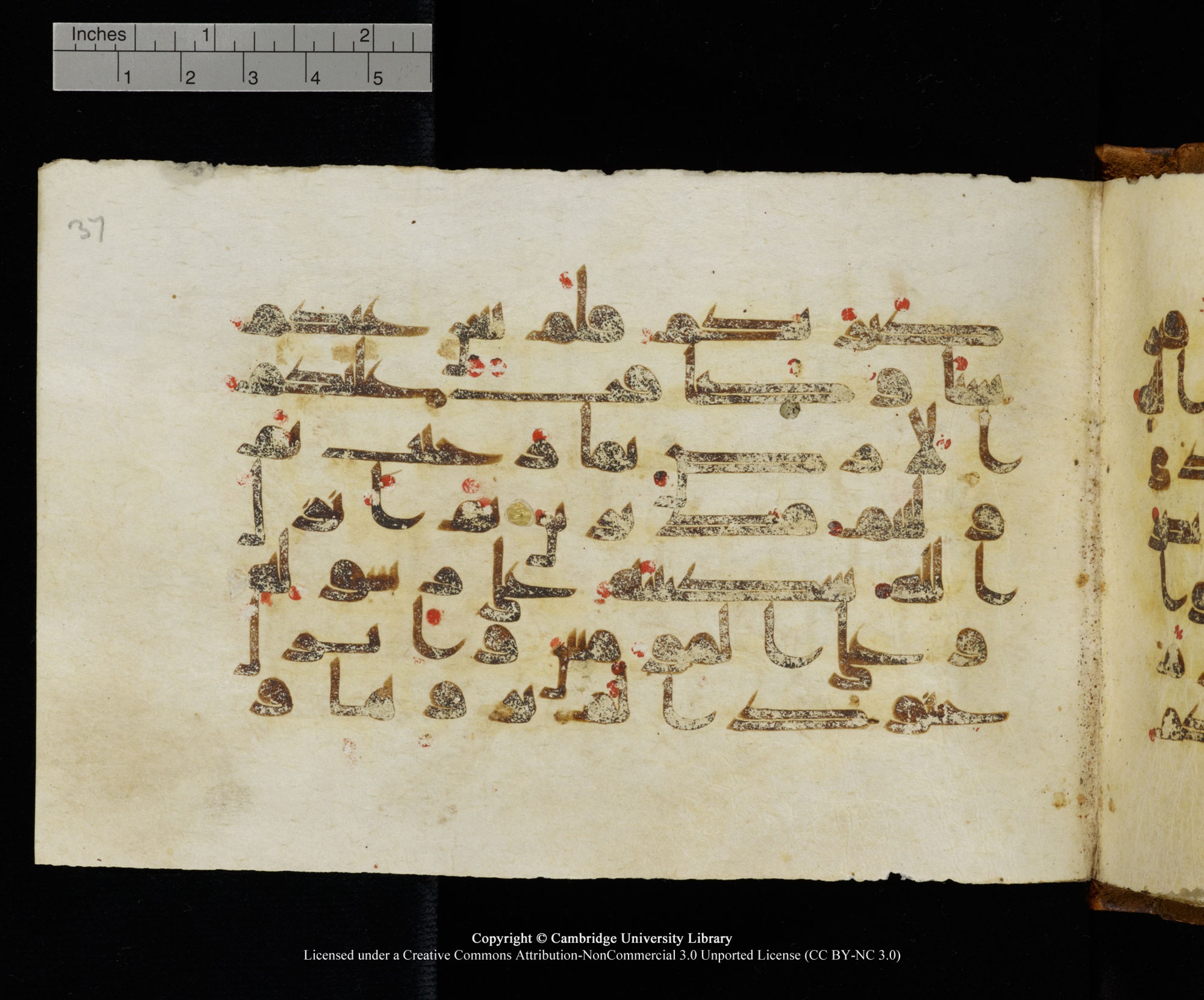 MS Add.1124 (Scan 1), in kūfī D I script, showing Surah 9:26 from 9th to 10th Century AD found in Sinai Peninsula, currently housed at Cambridge University Library, Cambridge
