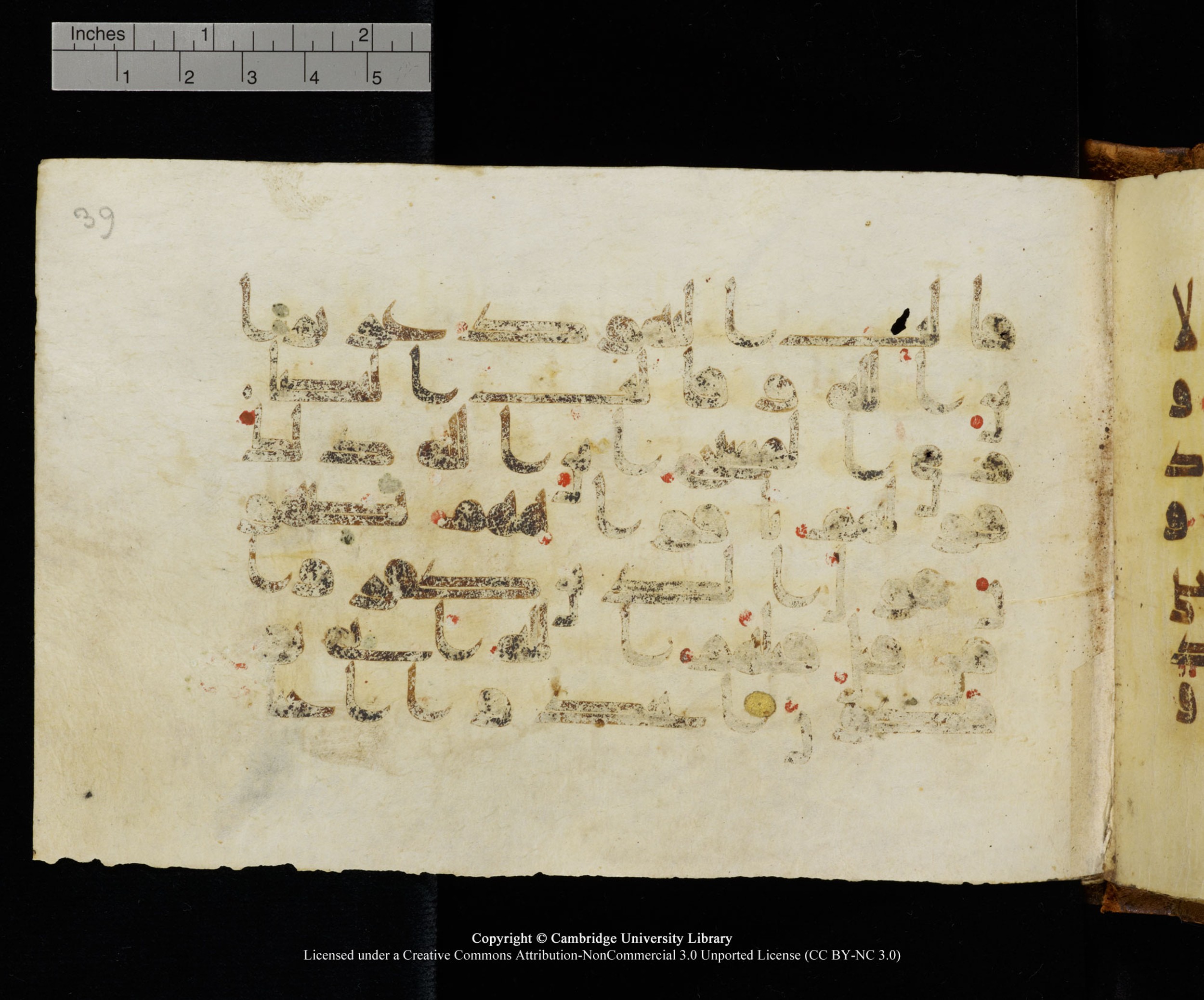 MS Add.1124 (Scan 1), in kūfī D I script, showing Surah 9:31 from 9th to 10th Century AD found in Sinai Peninsula, currently housed at Cambridge University Library, Cambridge