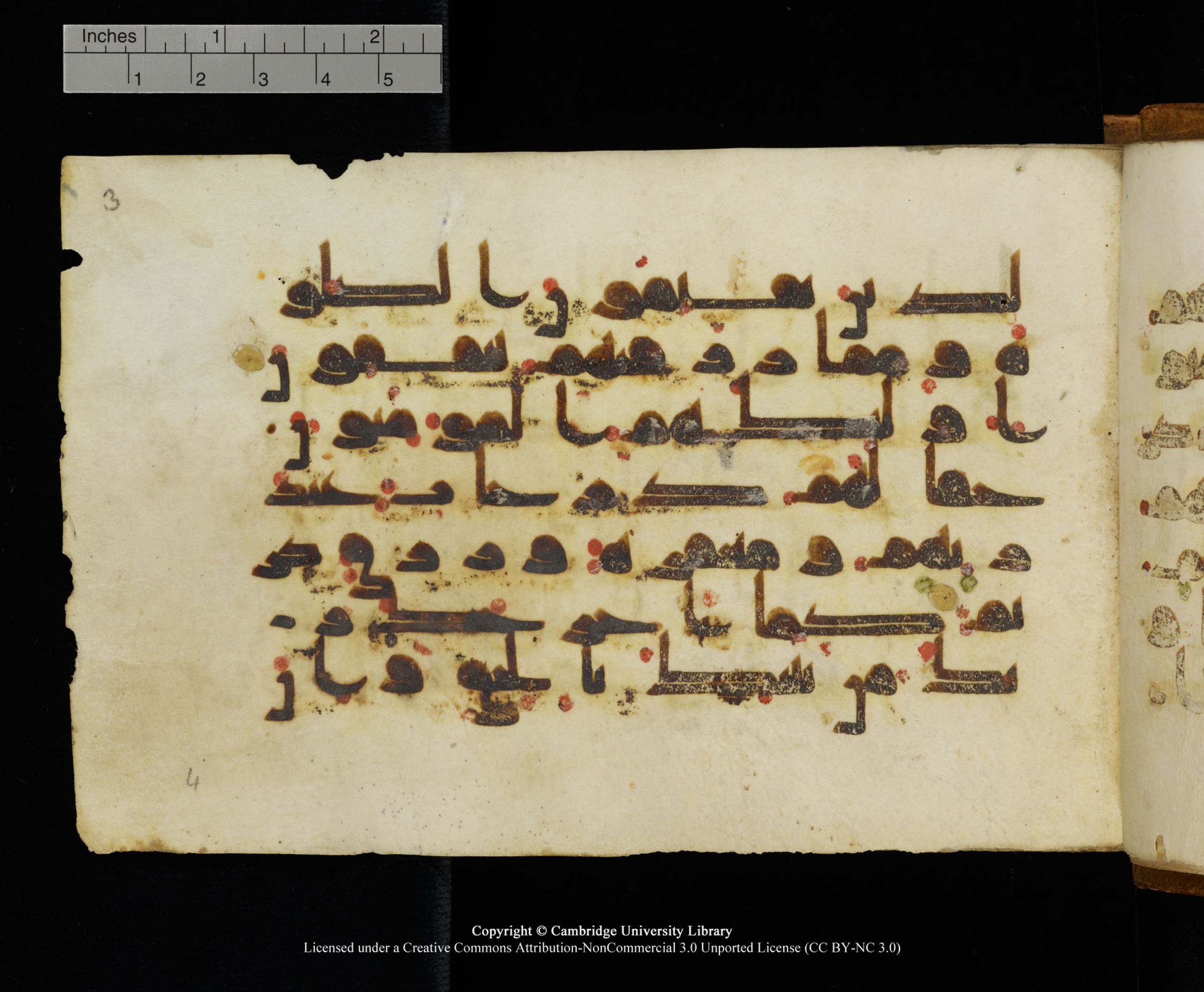 MS Add.1124 (Scan 2), in kūfī D I script, showing Surah 8:3 from 9th to 10th Century AD found in Sinai Peninsula, currently housed at Cambridge University Library, Cambridge