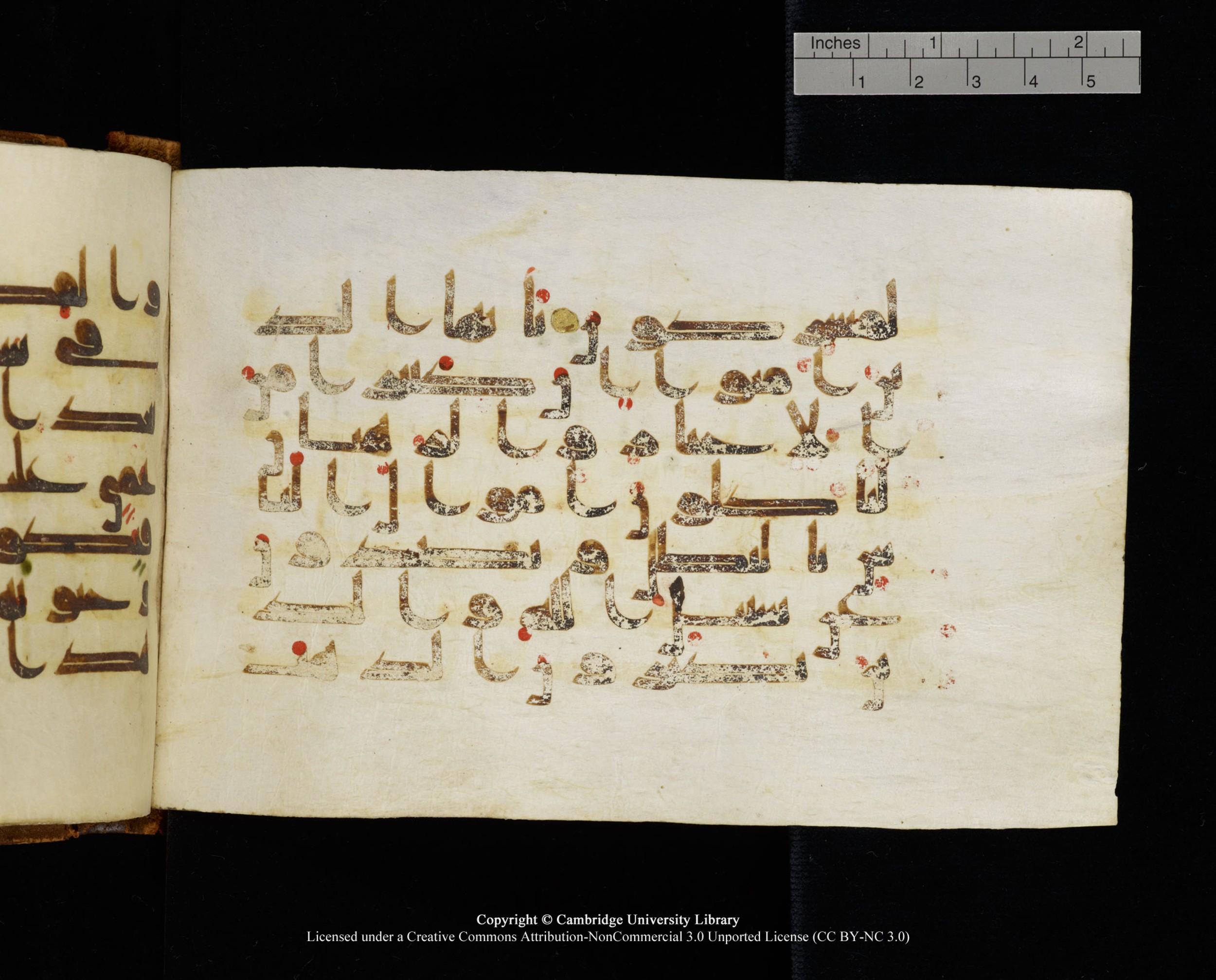 MS Add.1124 (Scan 1), in kūfī D I script, showing Surah 9:34 from 9th to 10th Century AD found in Sinai Peninsula, currently housed at Cambridge University Library, Cambridge