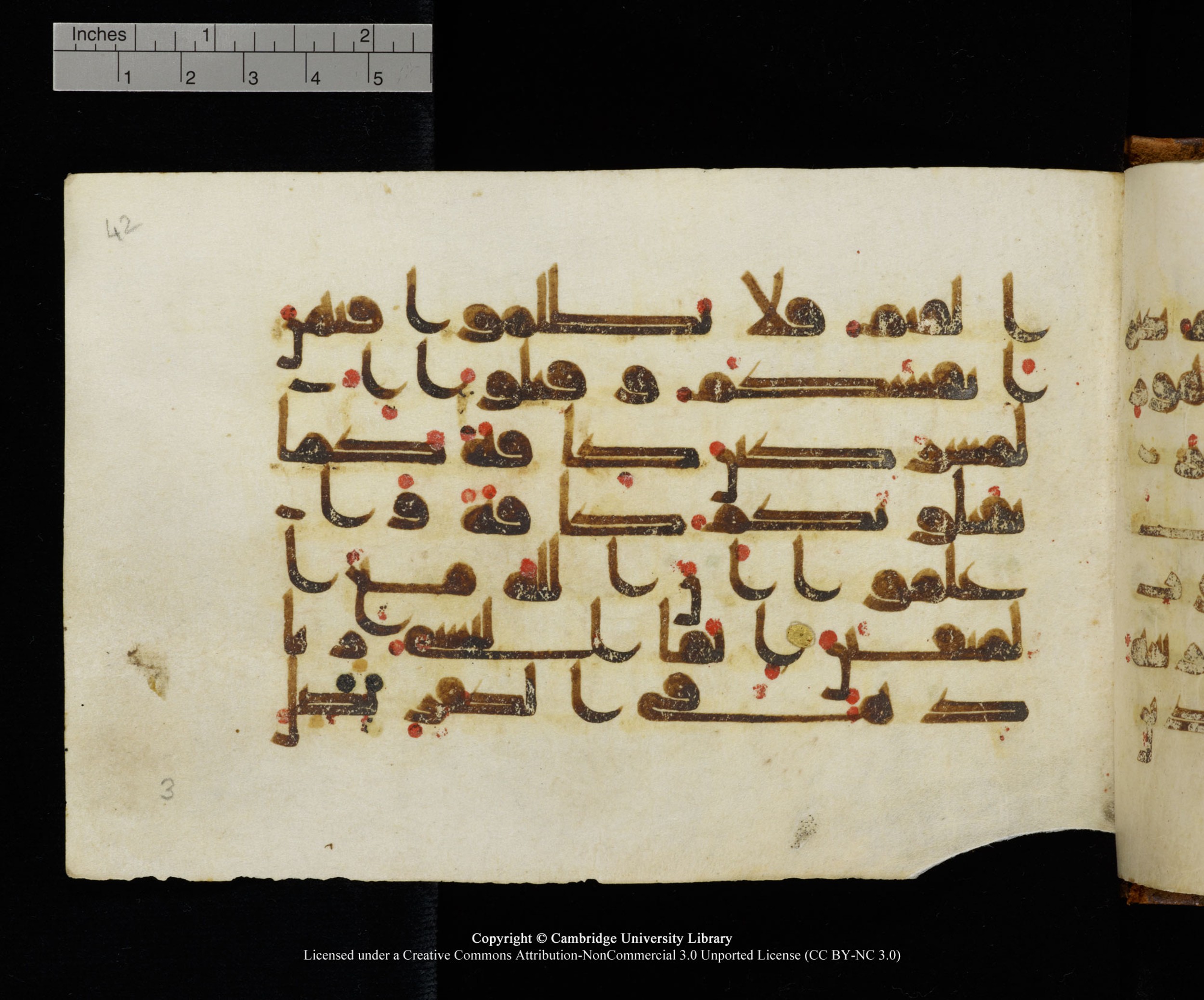 MS Add.1124 (Scan 2), in kūfī D I script, showing Surah 9:36 from 9th to 10th Century AD found in Sinai Peninsula, currently housed at Cambridge University Library, Cambridge