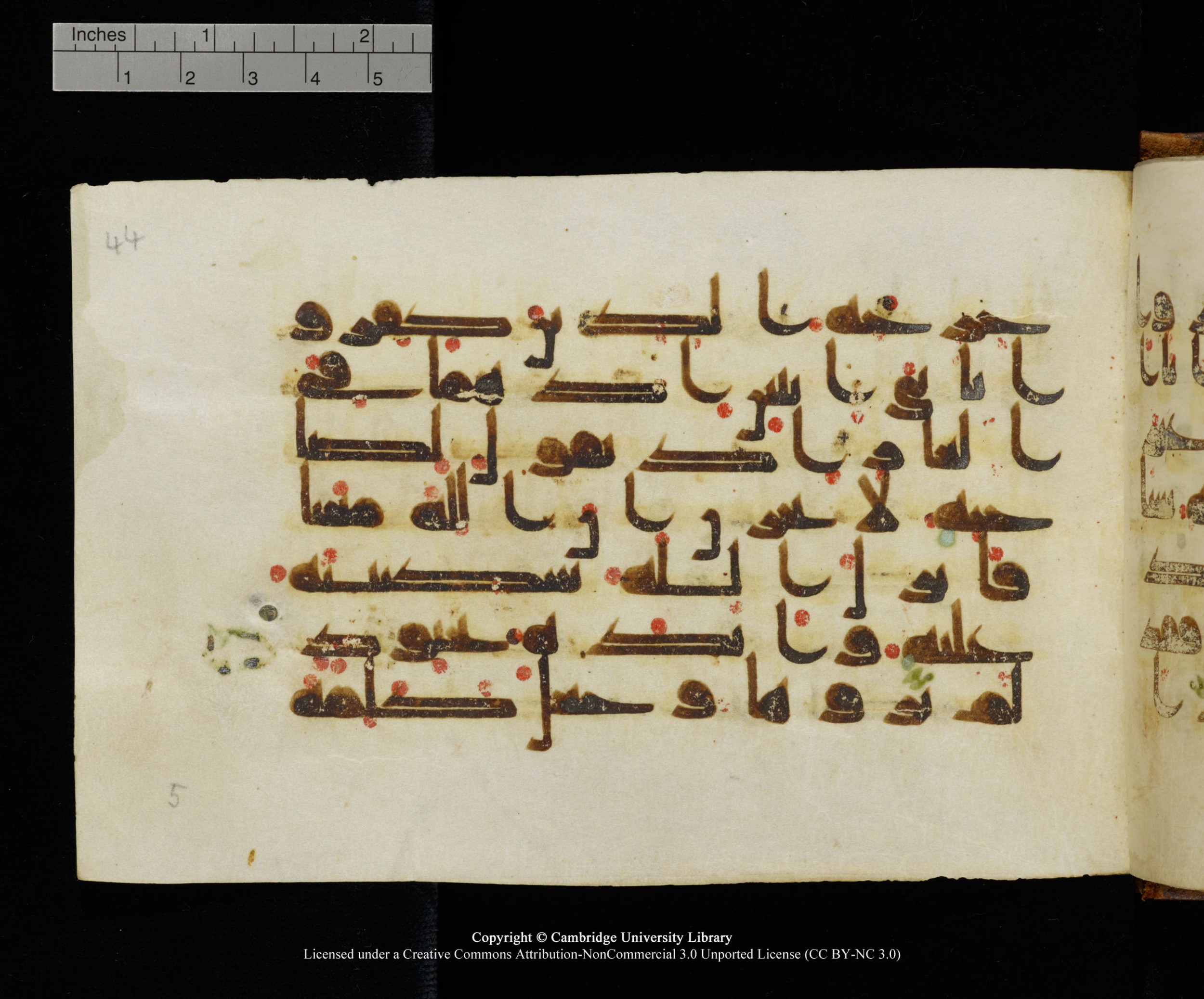 MS Add.1124 (Scan 2), in kūfī D I script, showing Surah 9:40 from 9th to 10th Century AD found in Sinai Peninsula, currently housed at Cambridge University Library, Cambridge