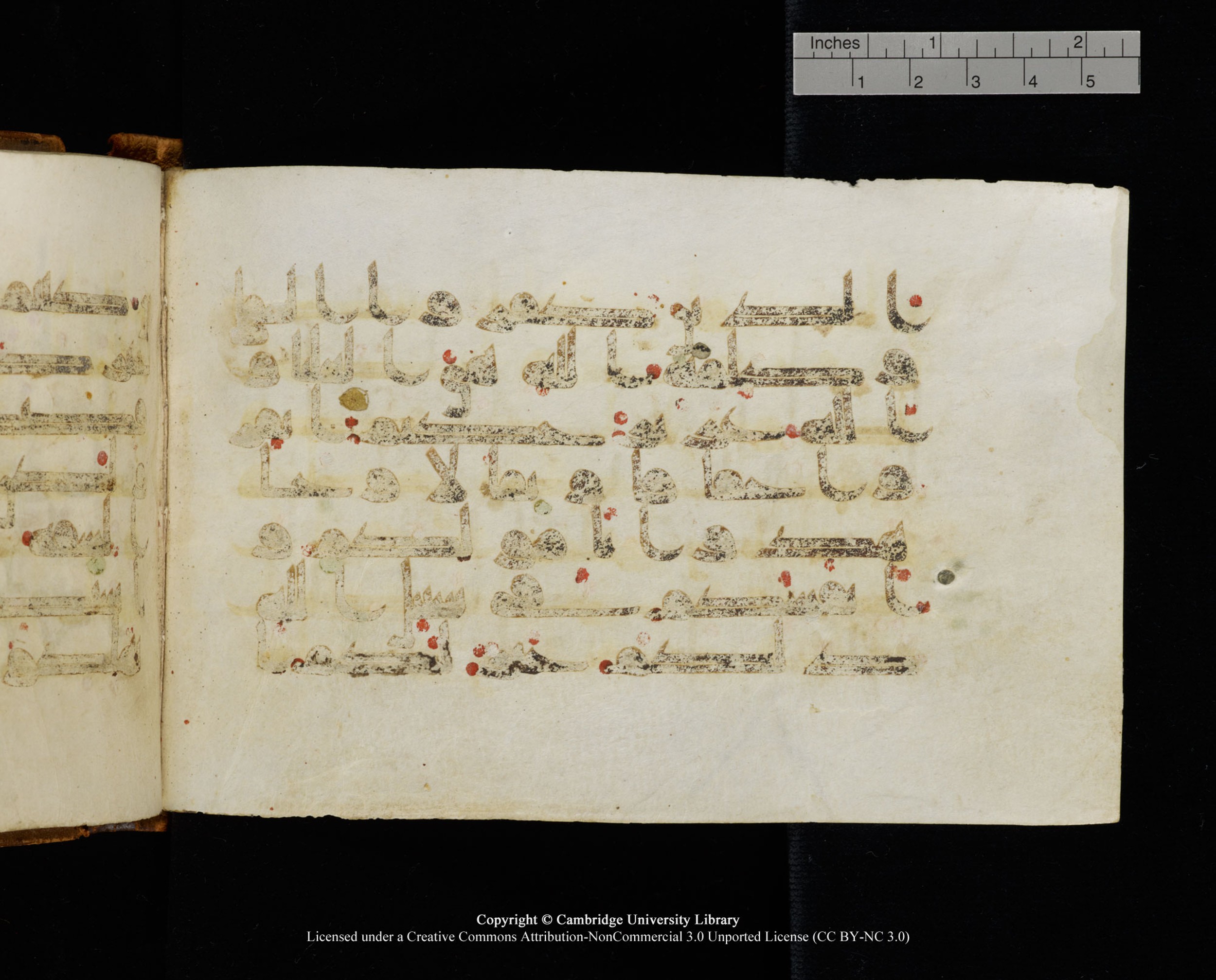 MS Add.1124 (Scan 3), in kūfī D I script, showing Surah 9:40 from 9th to 10th Century AD found in Sinai Peninsula, currently housed at Cambridge University Library, Cambridge