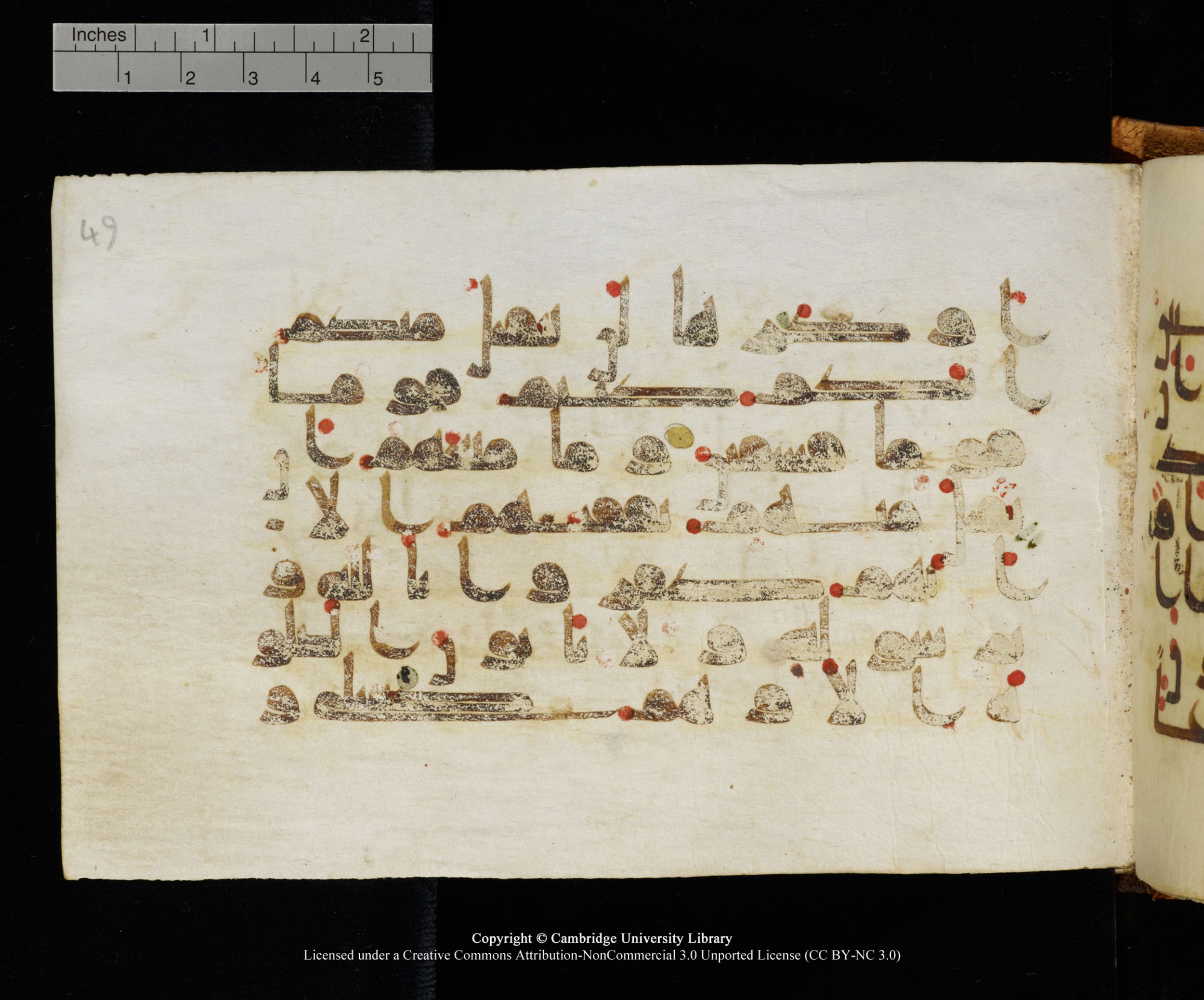 MS Add.1124 (Scan 1), in kūfī D I script, showing Surah 9:54 from 9th to 10th Century AD found in Sinai Peninsula, currently housed at Cambridge University Library, Cambridge