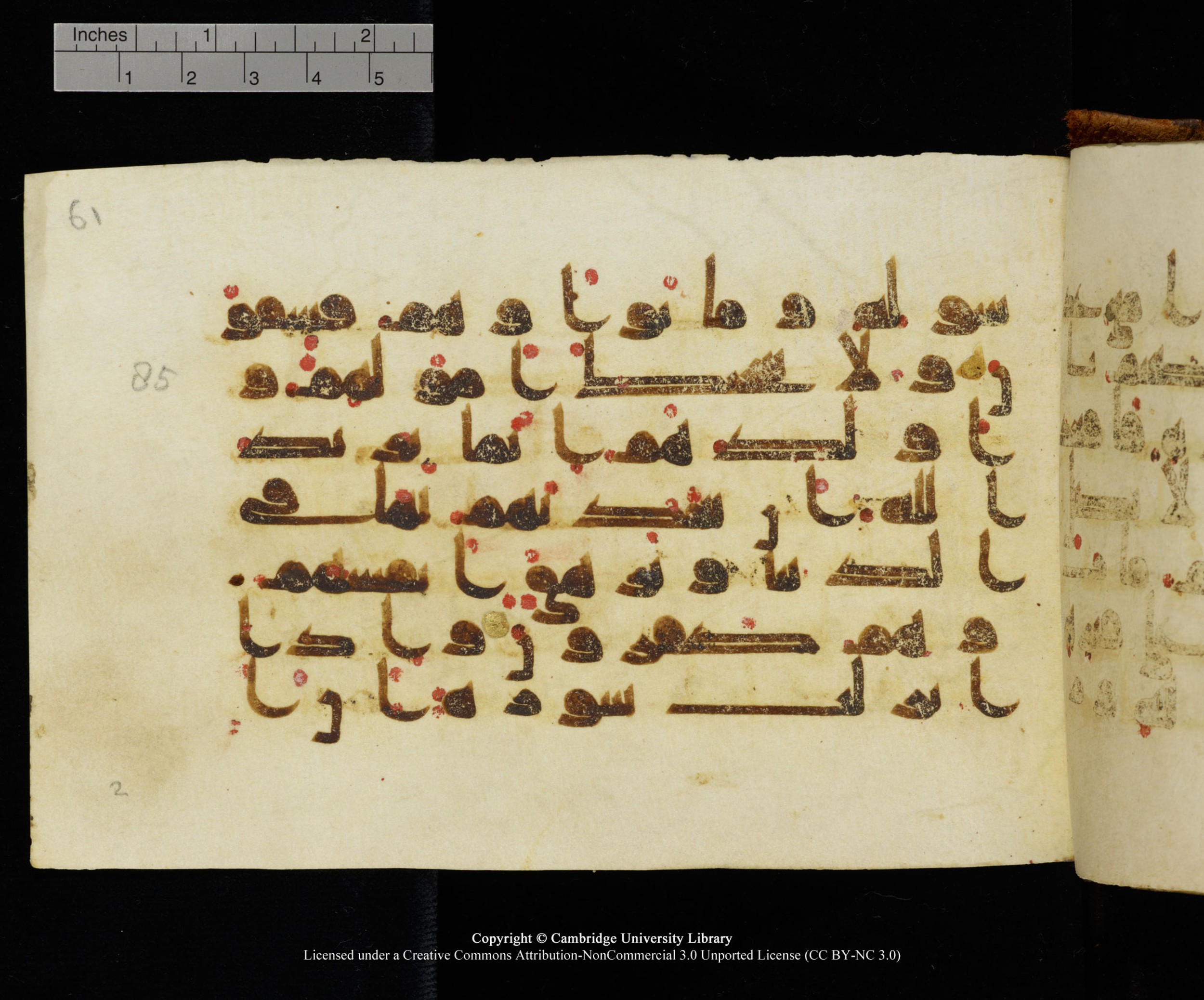MS Add.1124 (Scan 1), in kūfī D I script, showing Surah 9:86 from 9th to 10th Century AD found in Sinai Peninsula, currently housed at Cambridge University Library, Cambridge