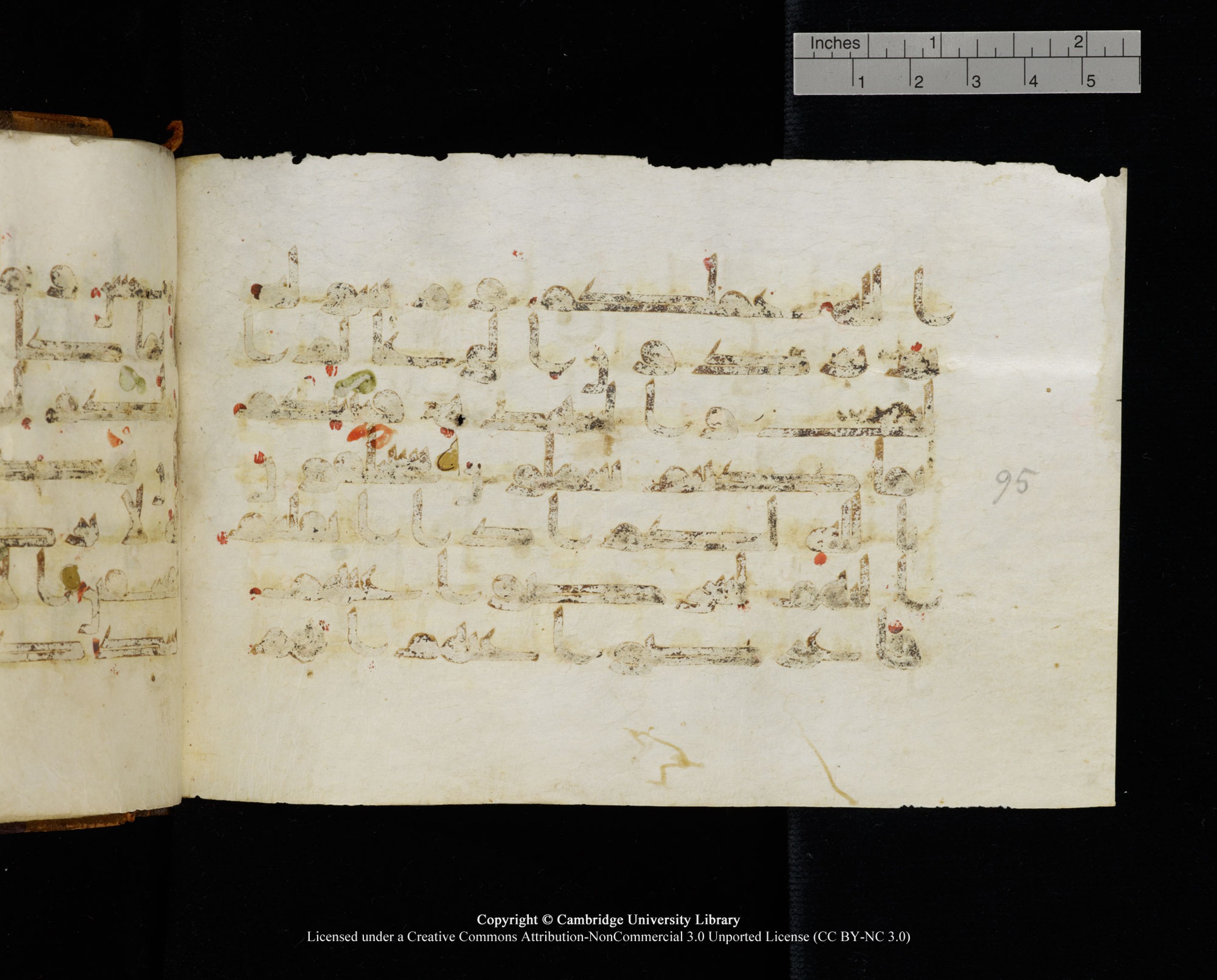 MS Add.1124 (Scan 1), in kūfī D I script, showing Surah 9:95 from 9th to 10th Century AD found in Sinai Peninsula, currently housed at Cambridge University Library, Cambridge