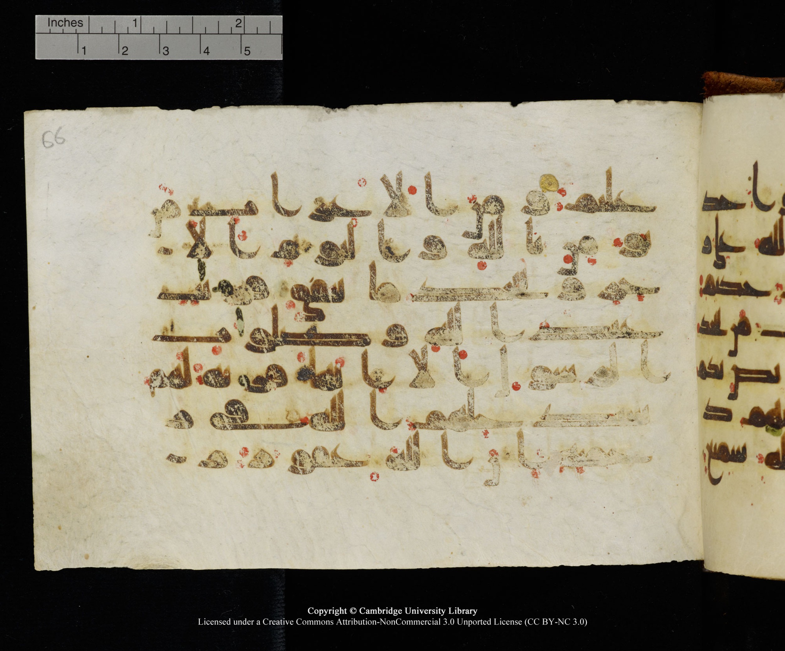 MS Add.1124 (Scan 2), in kūfī D I script, showing Surah 9:98 from 9th to 10th Century AD found in Sinai Peninsula, currently housed at Cambridge University Library, Cambridge