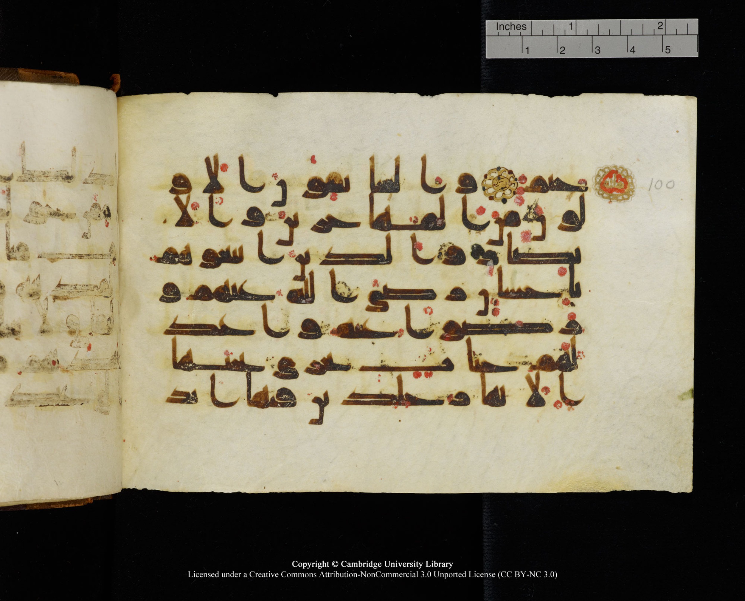 MS Add.1124 (Scan 2), in kūfī D I script, showing Surah 9:99 from 9th to 10th Century AD found in Sinai Peninsula, currently housed at Cambridge University Library, Cambridge