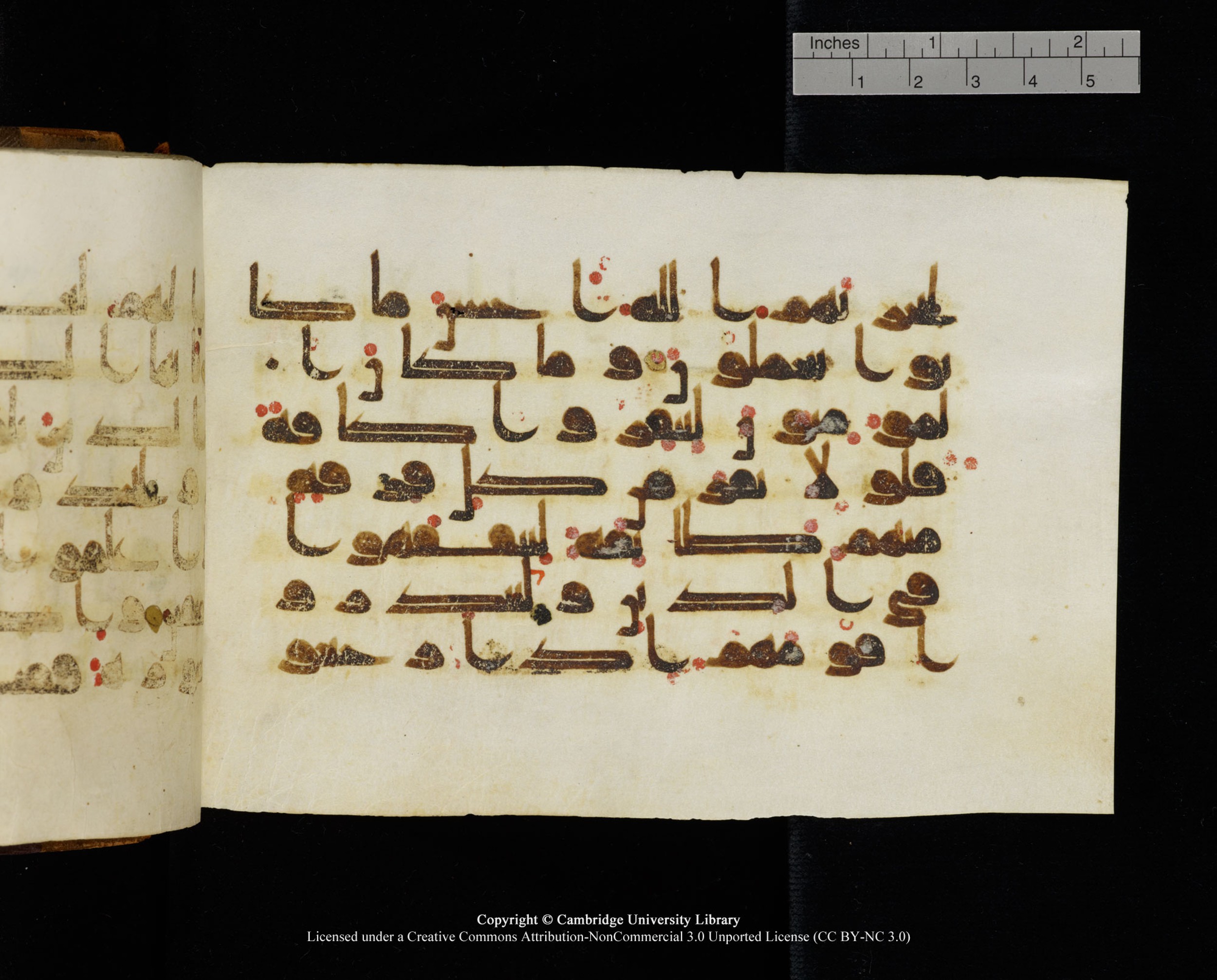 MS Add.1124 (Scan 2), in kūfī D I script, showing Surah 9:121 from 9th to 10th Century AD found in Sinai Peninsula, currently housed at Cambridge University Library, Cambridge