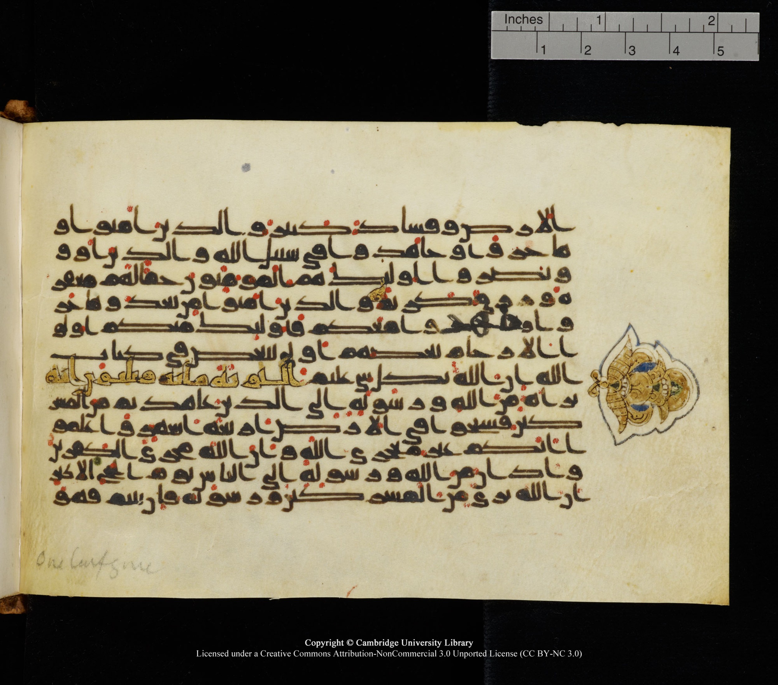 Cambridge University Library, MS Add.1126, in kūfī D common script, showing Surah 9:2 from 9th or 10th Century AD found in Sinai Peninsula, currently housed at Cambridge University Library, Cambridge