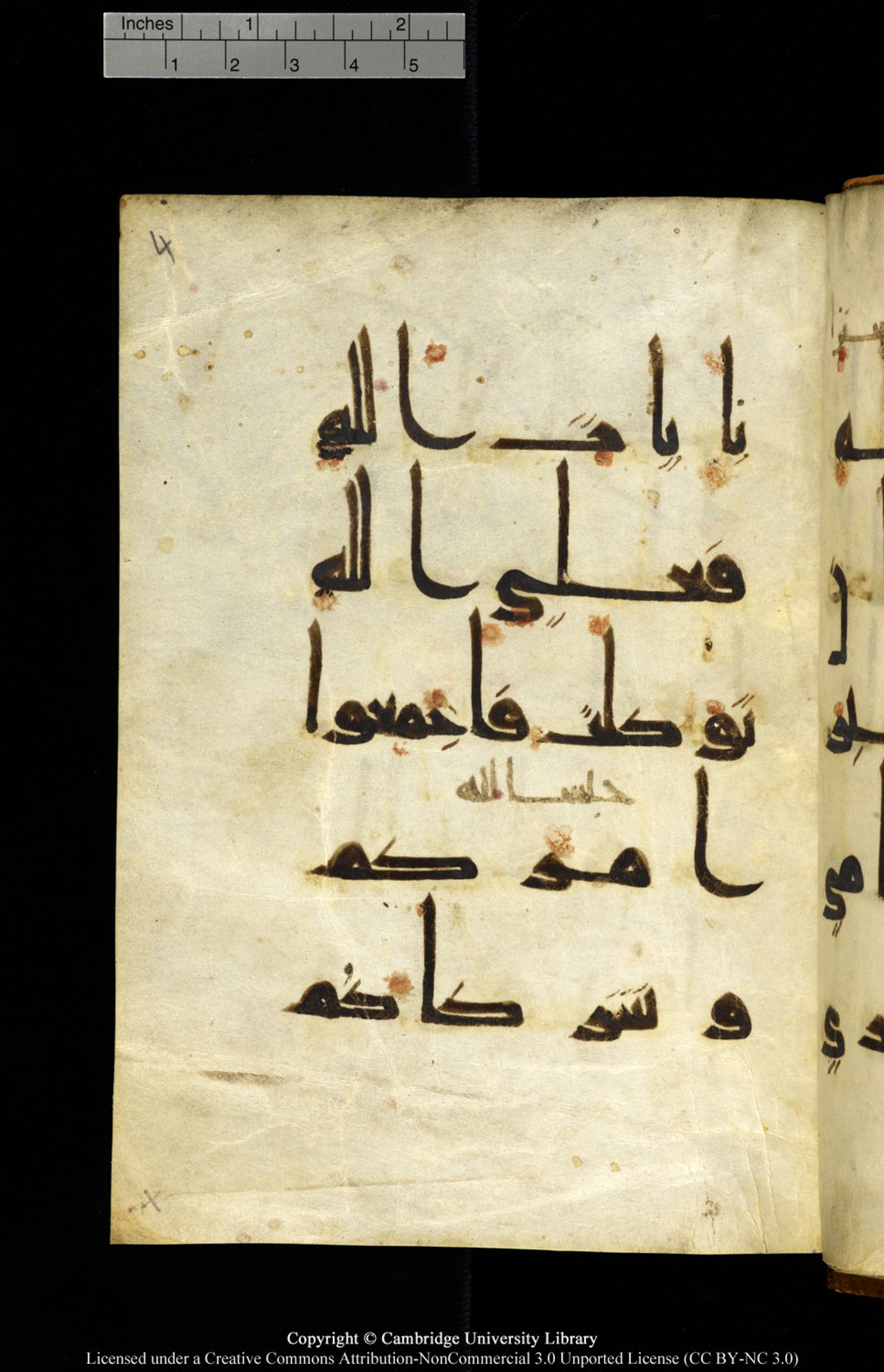 Cambridge, Cambridge University Library, MS Add.1127 (Scan 3), in Kūfī D.Vb script, showing Surah 10:71 from 9th or 10th Century AD found in Sinai Peninsula, currently housed at Cambridge University Library, Cambridge