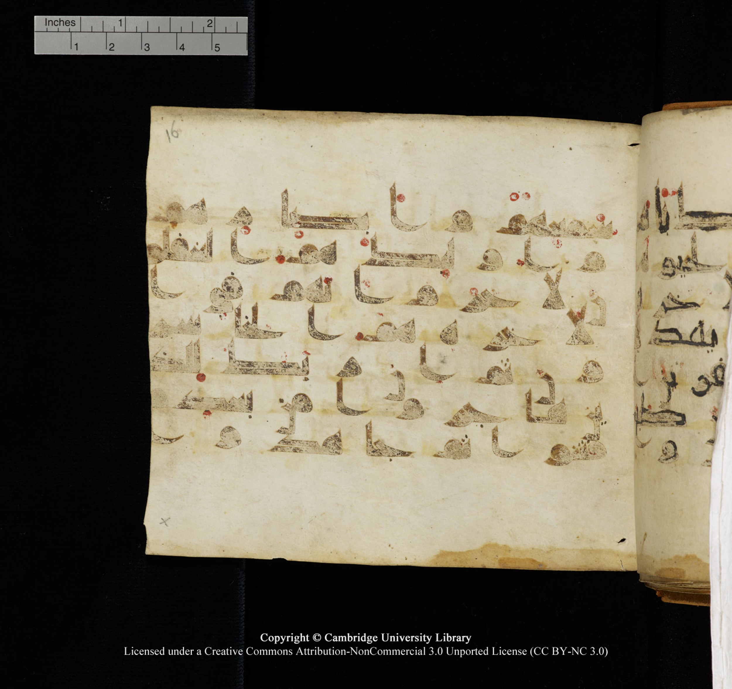 Cambridge University Library, MS Add.1132 (Scan 1), in Kūfī D.I script, showing Surah 16:110 from 9th or 10th Century AD found in Sinai Peninsula, currently housed at Cambridge University Library, Cambridge, UK