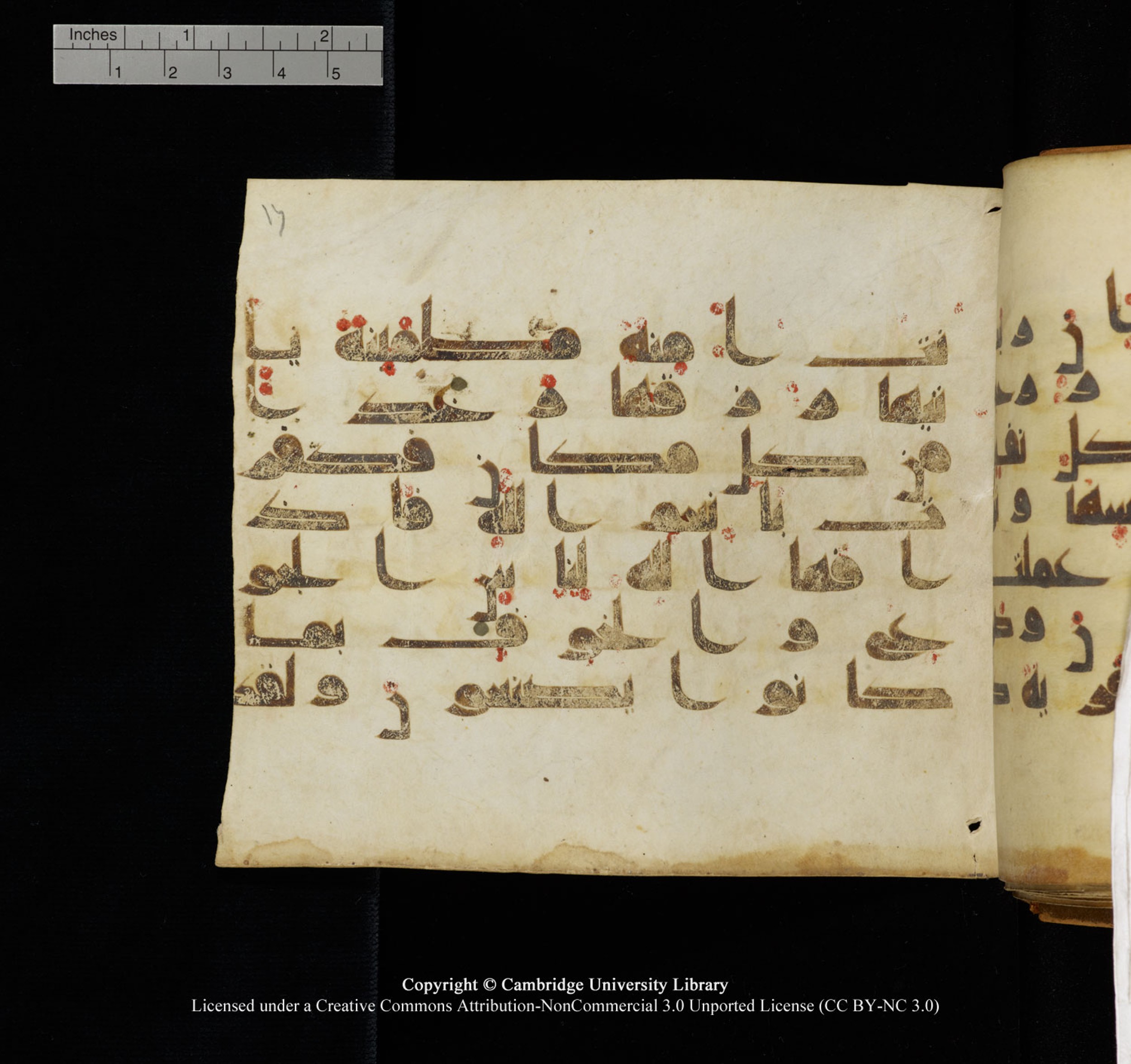 Cambridge University Library, MS Add.1132 (Scan 1), in Kūfī D.I script, showing Surah 16:113 from 9th or 10th Century AD found in Sinai Peninsula, currently housed at Cambridge University Library, Cambridge, UK