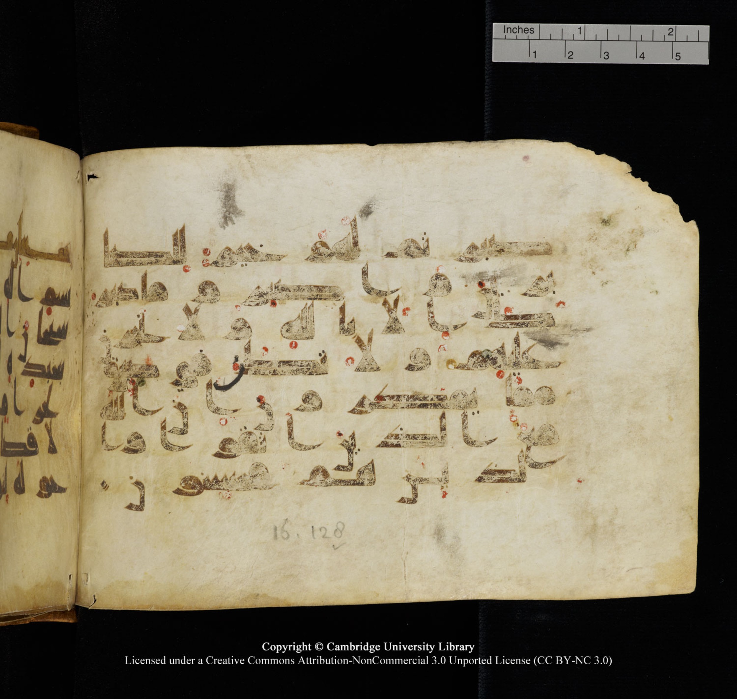 Cambridge University Library, MS Add.1132, in Kūfī D.I script, showing Surah 16:128 from 9th or 10th Century AD found in Sinai Peninsula, currently housed at Cambridge University Library, Cambridge, UK