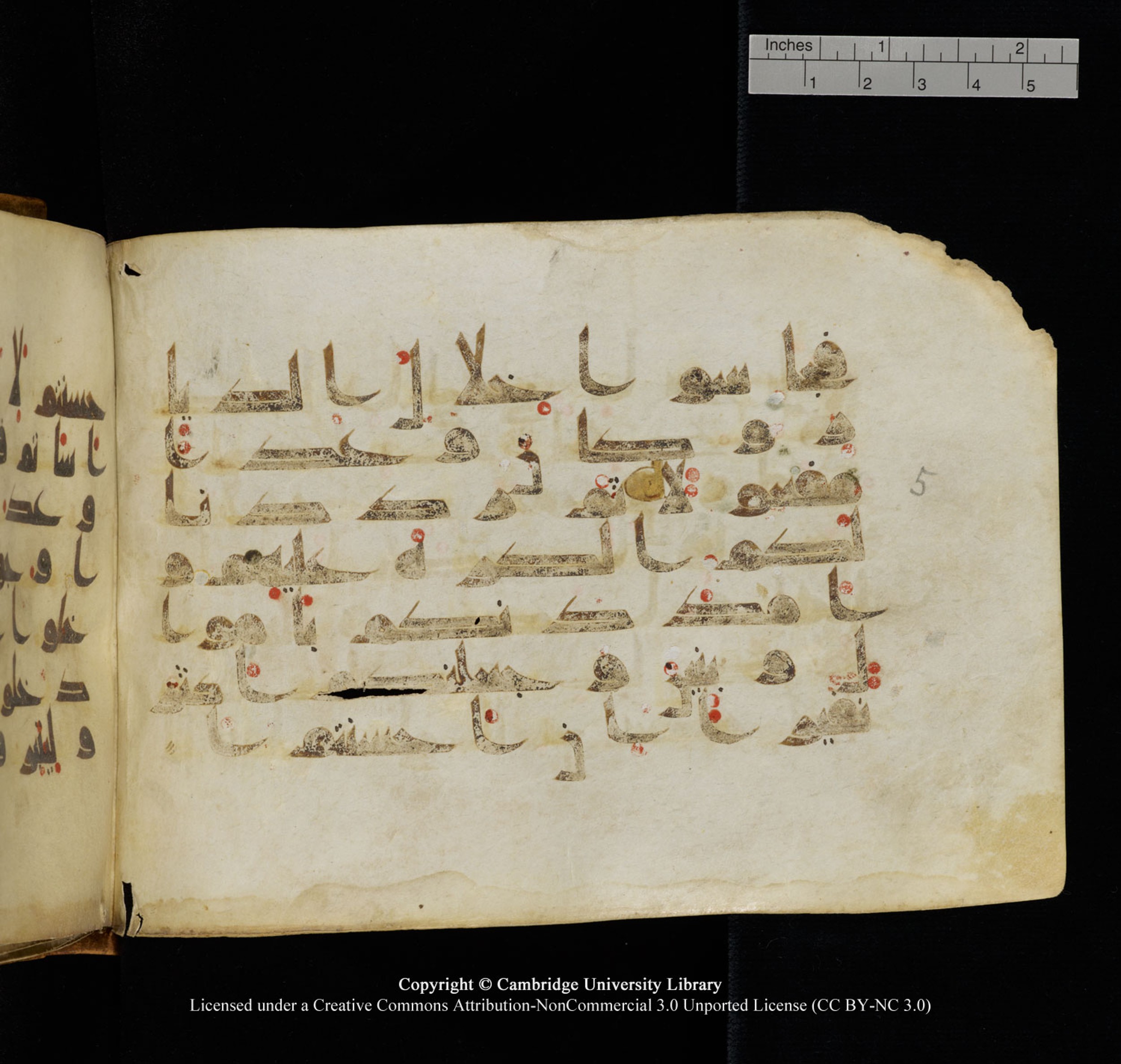 Cambridge University Library, MS Add.1132 (Scan 1), in Kūfī D.I script, showing Surah 17:7 from 9th or 10th Century AD found in Sinai Peninsula, currently housed at Cambridge University Library, Cambridge, UK