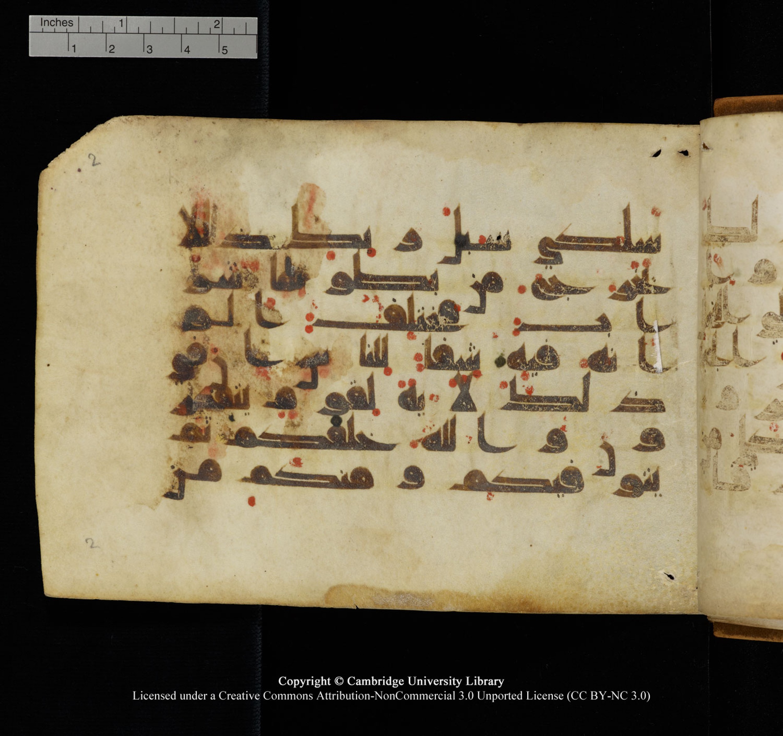 Cambridge University Library, MS Add.1132 (Scan 2), in Kūfī D.I script, showing Surah 16:69 from 9th or 10th Century AD found in Sinai Peninsula, currently housed at Cambridge University Library, Cambridge, UK