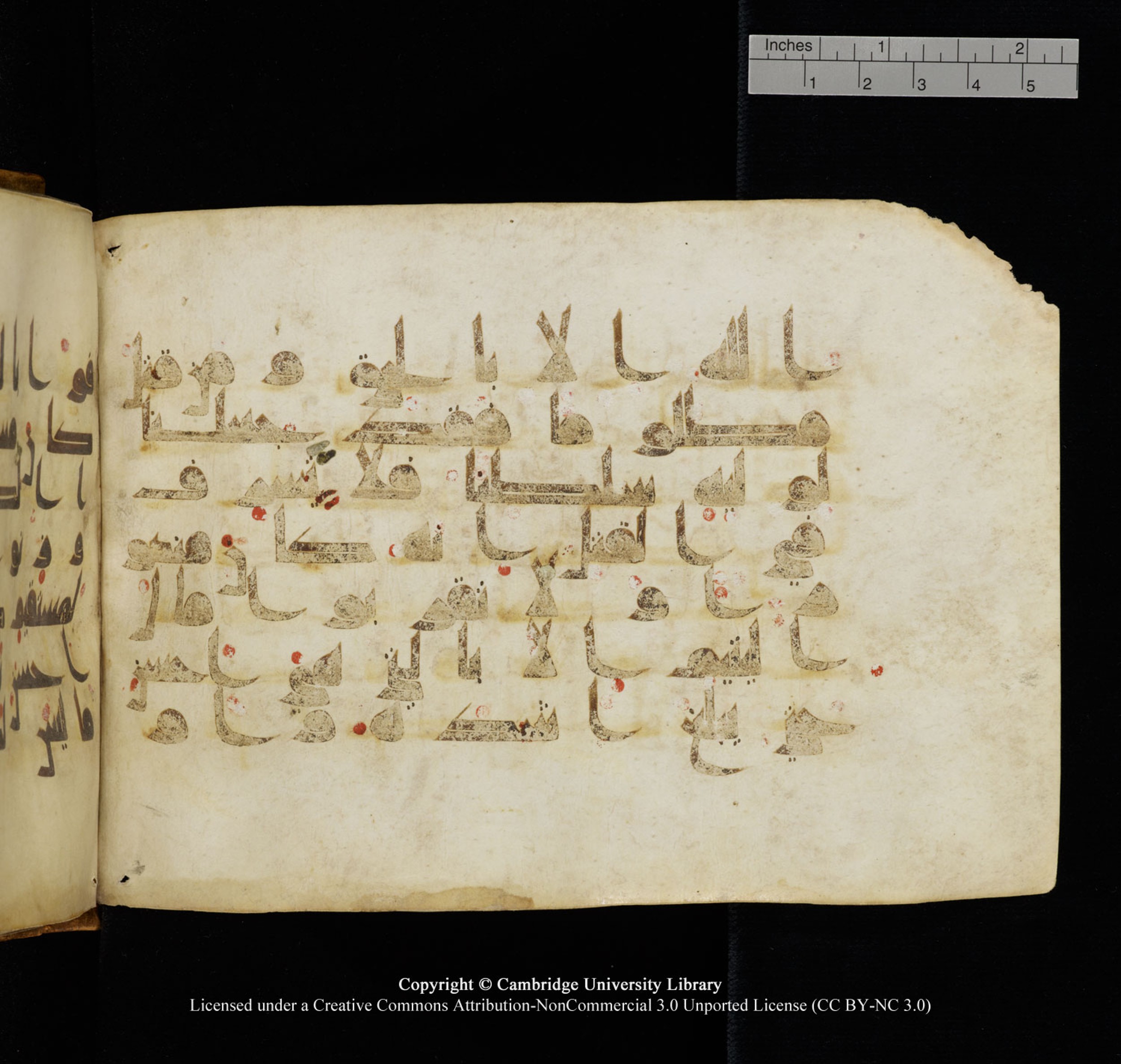 Cambridge University Library, MS Add.1132 (Scan 1), in Kūfī D.I script, showing Surah 17:34 from 9th or 10th Century AD found in Sinai Peninsula, currently housed at Cambridge University Library, Cambridge, UK
