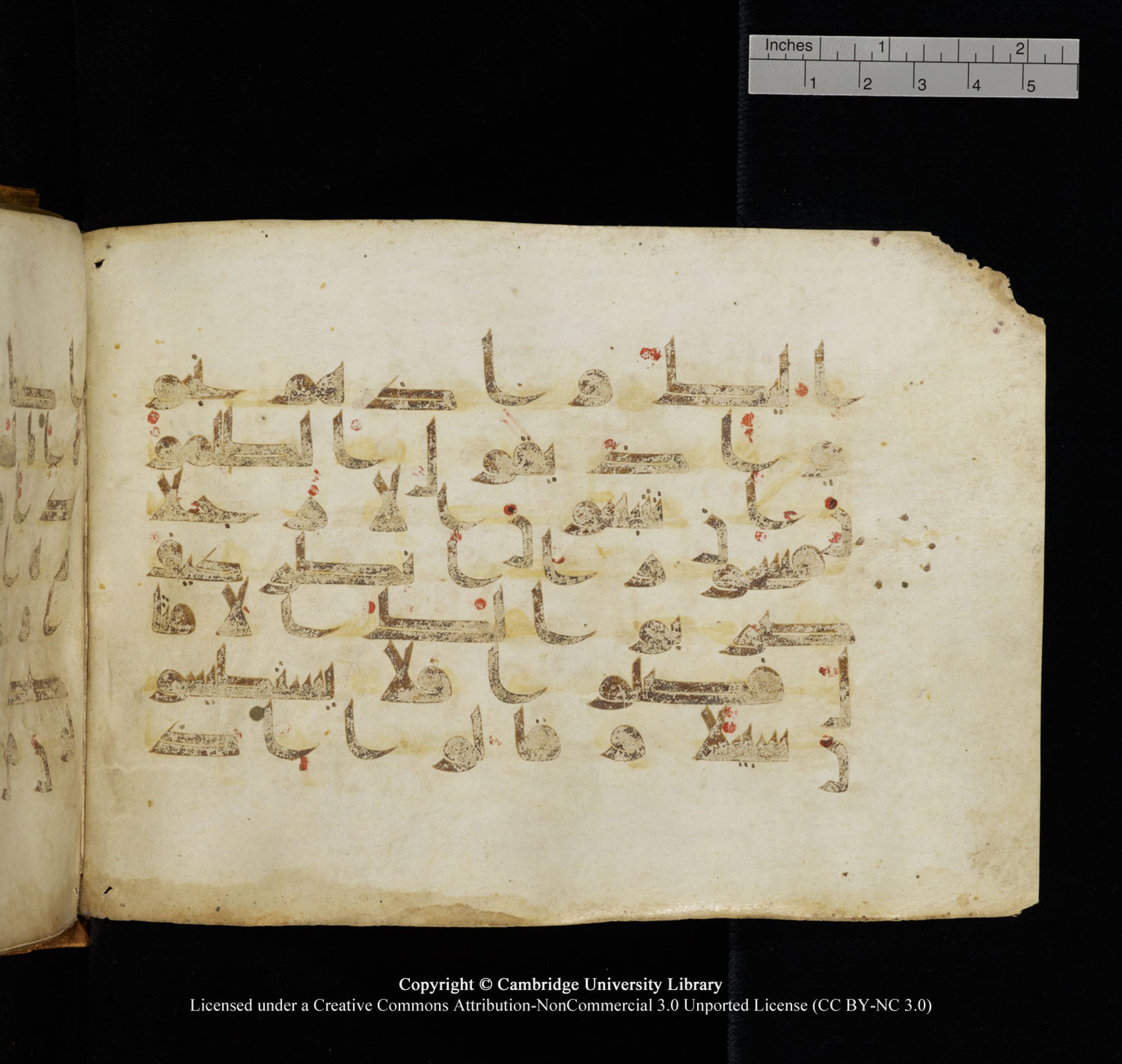 Cambridge University Library, MS Add.1132 (Scan 2), in Kūfī D.I script, showing Surah 17:47 from 9th or 10th Century AD found in Sinai Peninsula, currently housed at Cambridge University Library, Cambridge, UK