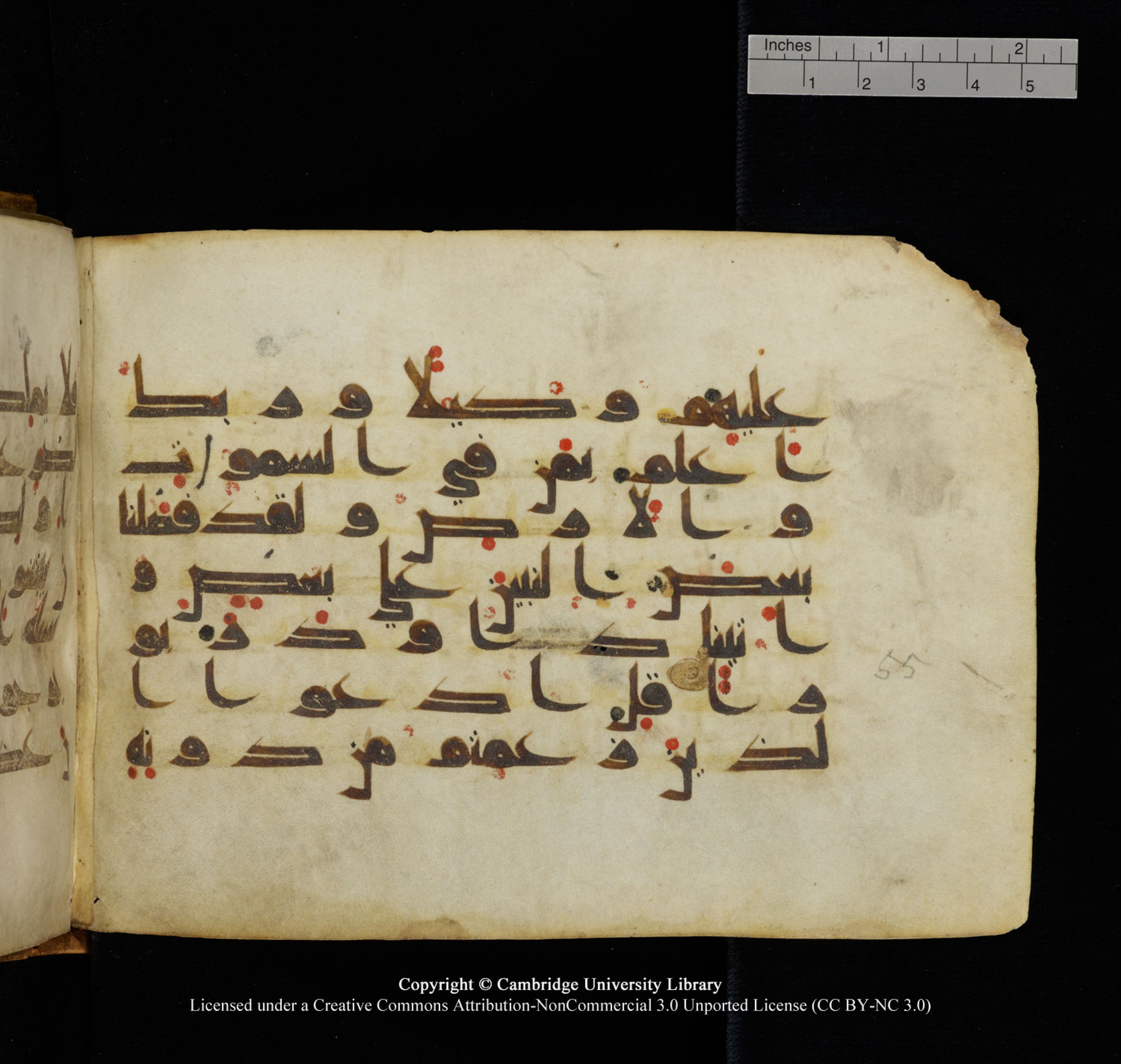 Cambridge University Library, MS Add.1132 (Scan 1), in Kūfī D.I script, showing Surah 17:56 from 9th or 10th Century AD found in Sinai Peninsula, currently housed at Cambridge University Library, Cambridge, UK