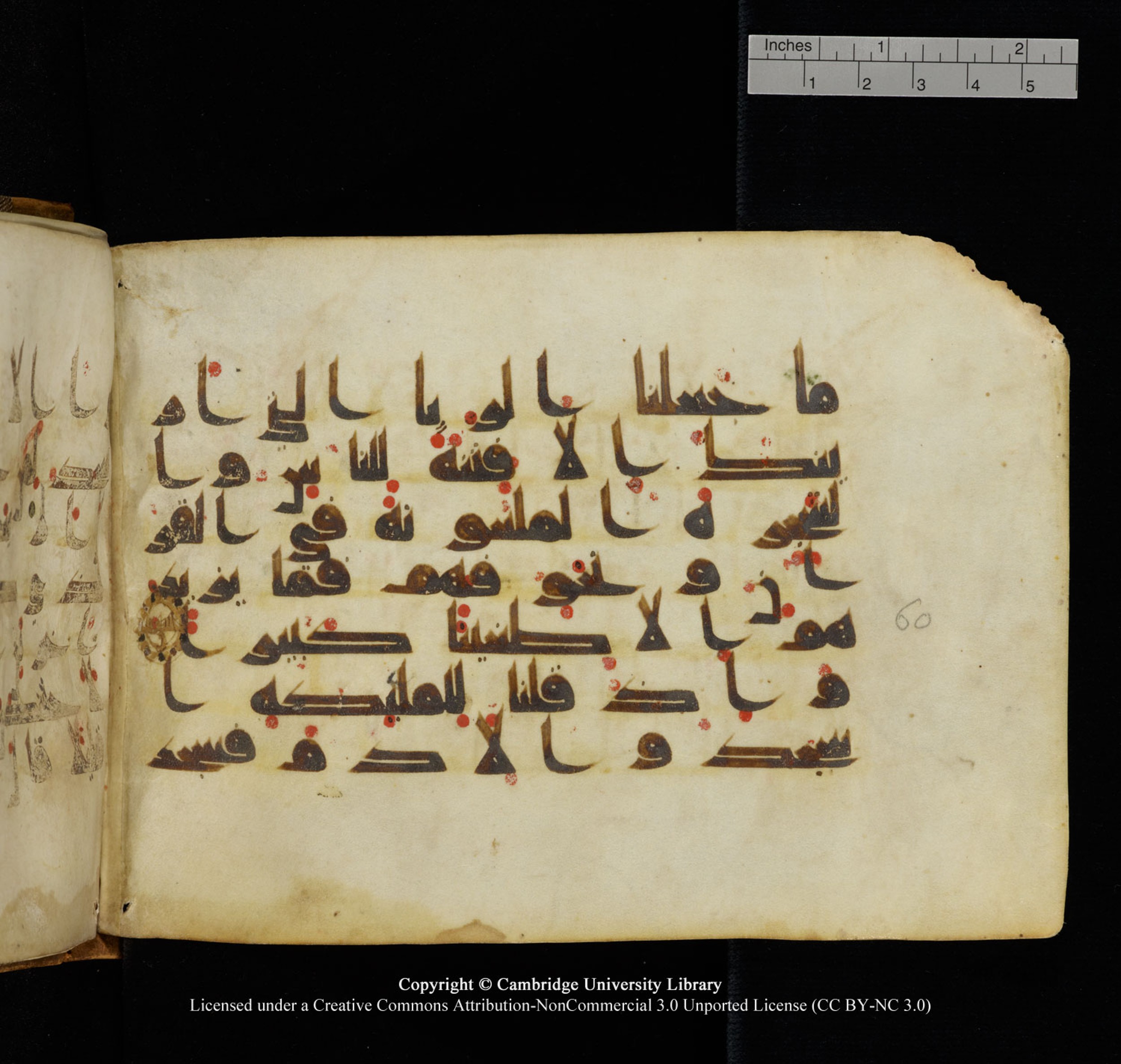 Cambridge University Library, MS Add.1132 (Scan 2), in Kūfī D.I script, showing Surah 17:60 from 9th or 10th Century AD found in Sinai Peninsula, currently housed at Cambridge University Library, Cambridge, UK