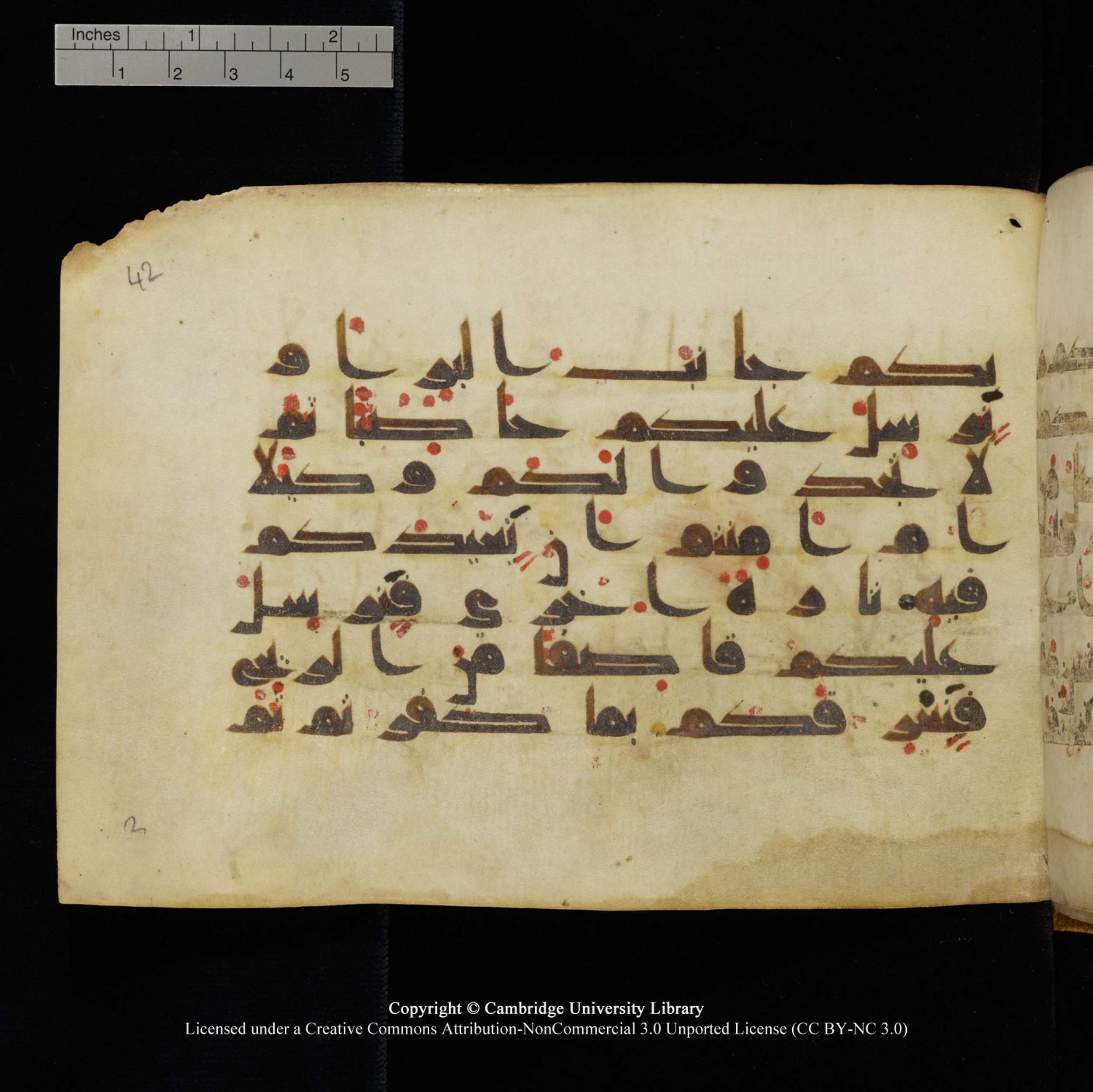 Cambridge University Library, MS Add.1132 (Scan 2), in Kūfī D.I script, showing Surah 17:68 from 9th or 10th Century AD found in Sinai Peninsula, currently housed at Cambridge University Library, Cambridge, UK