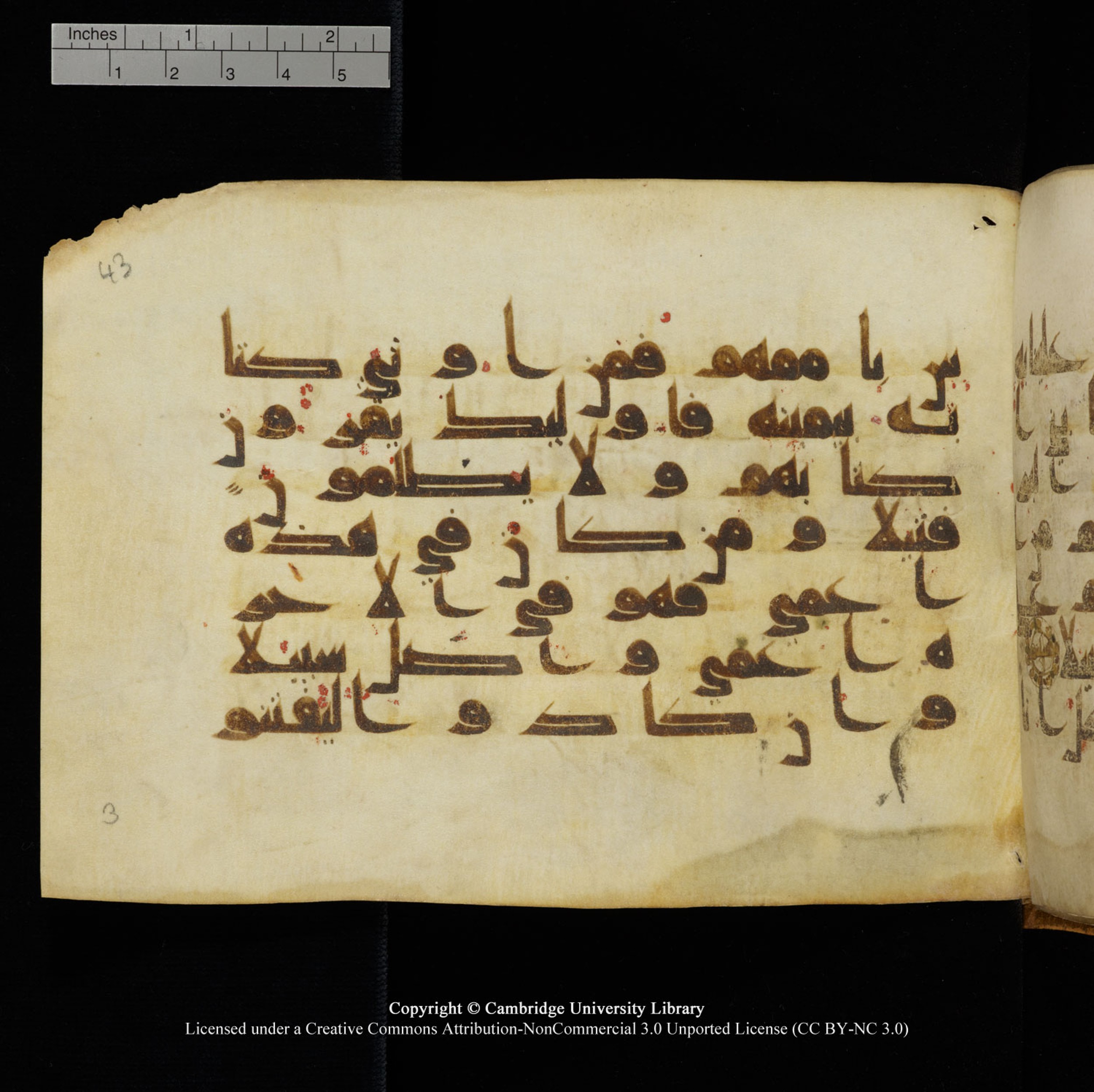 Cambridge University Library, MS Add.1132 (Scan 2), in Kūfī D.I script, showing Surah 17:71 from 9th or 10th Century AD found in Sinai Peninsula, currently housed at Cambridge University Library, Cambridge, UK