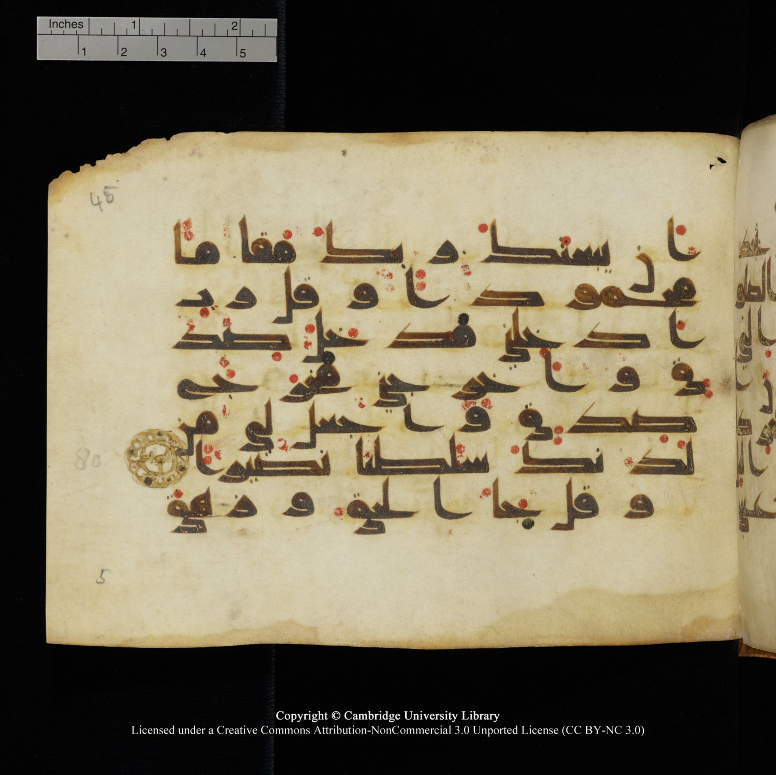 Cambridge University Library, MS Add.1132 (Scan 2), in Kūfī D.I script, showing Surah 17:79 from 9th or 10th Century AD found in Sinai Peninsula, currently housed at Cambridge University Library, Cambridge, UK
