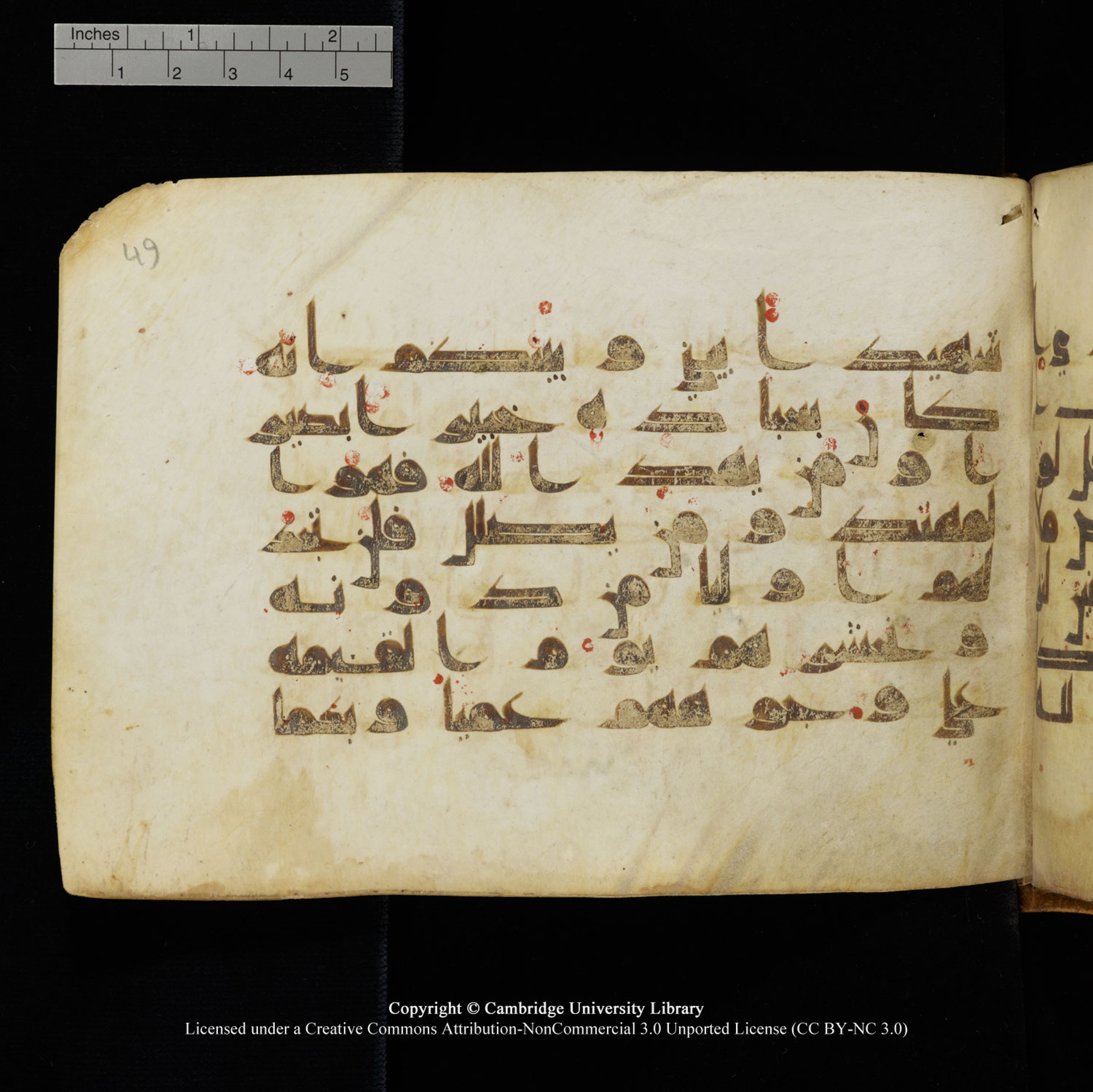 Cambridge University Library, MS Add.1132 (Scan 1), in Kūfī D.I script, showing Surah 17:97 from 9th or 10th Century AD found in Sinai Peninsula, currently housed at Cambridge University Library, Cambridge, UK