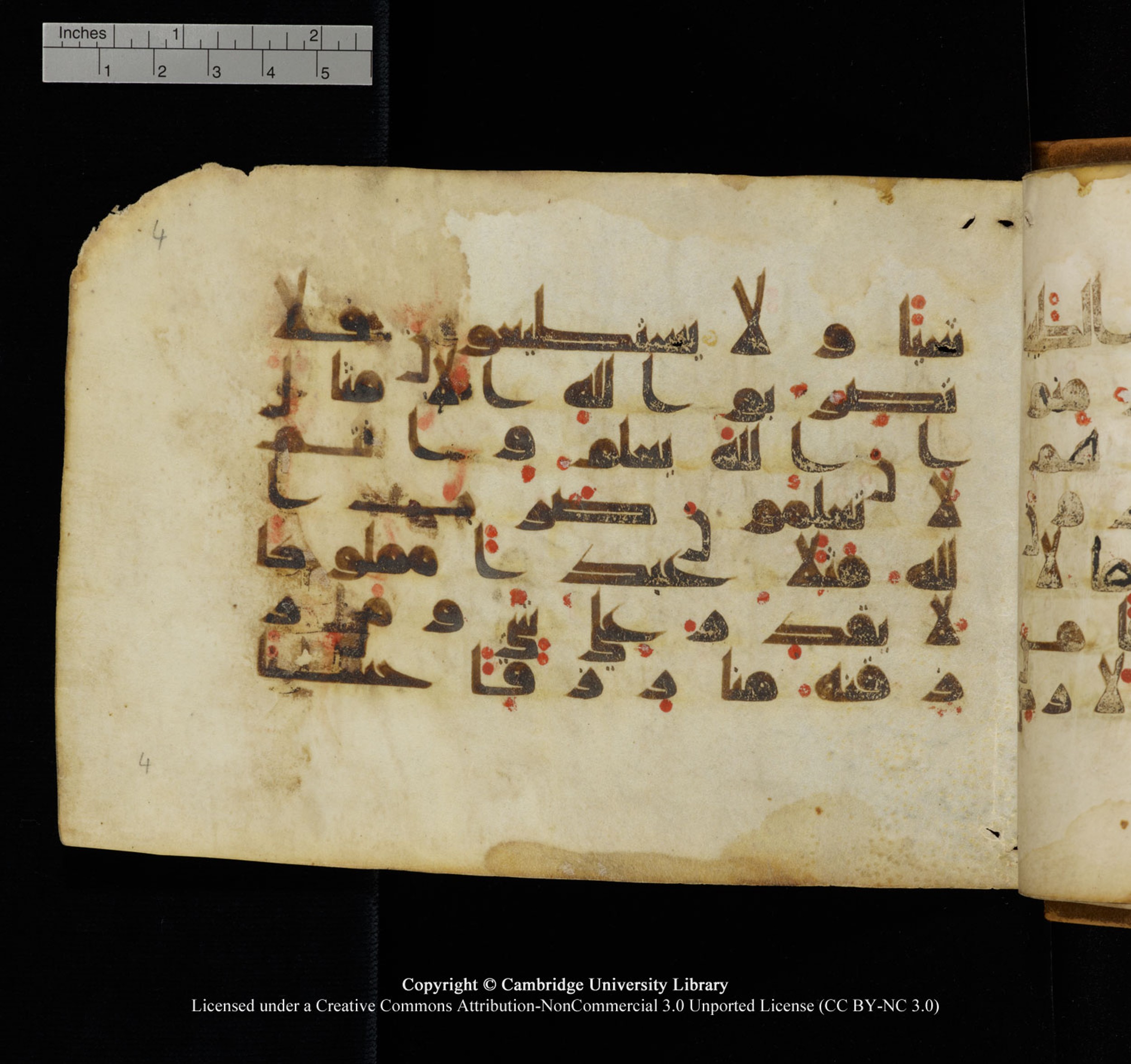 Cambridge University Library, MS Add.1132 (Scan 2), in Kūfī D.I script, showing Surah 16:73 from 9th or 10th Century AD found in Sinai Peninsula, currently housed at Cambridge University Library, Cambridge, UK