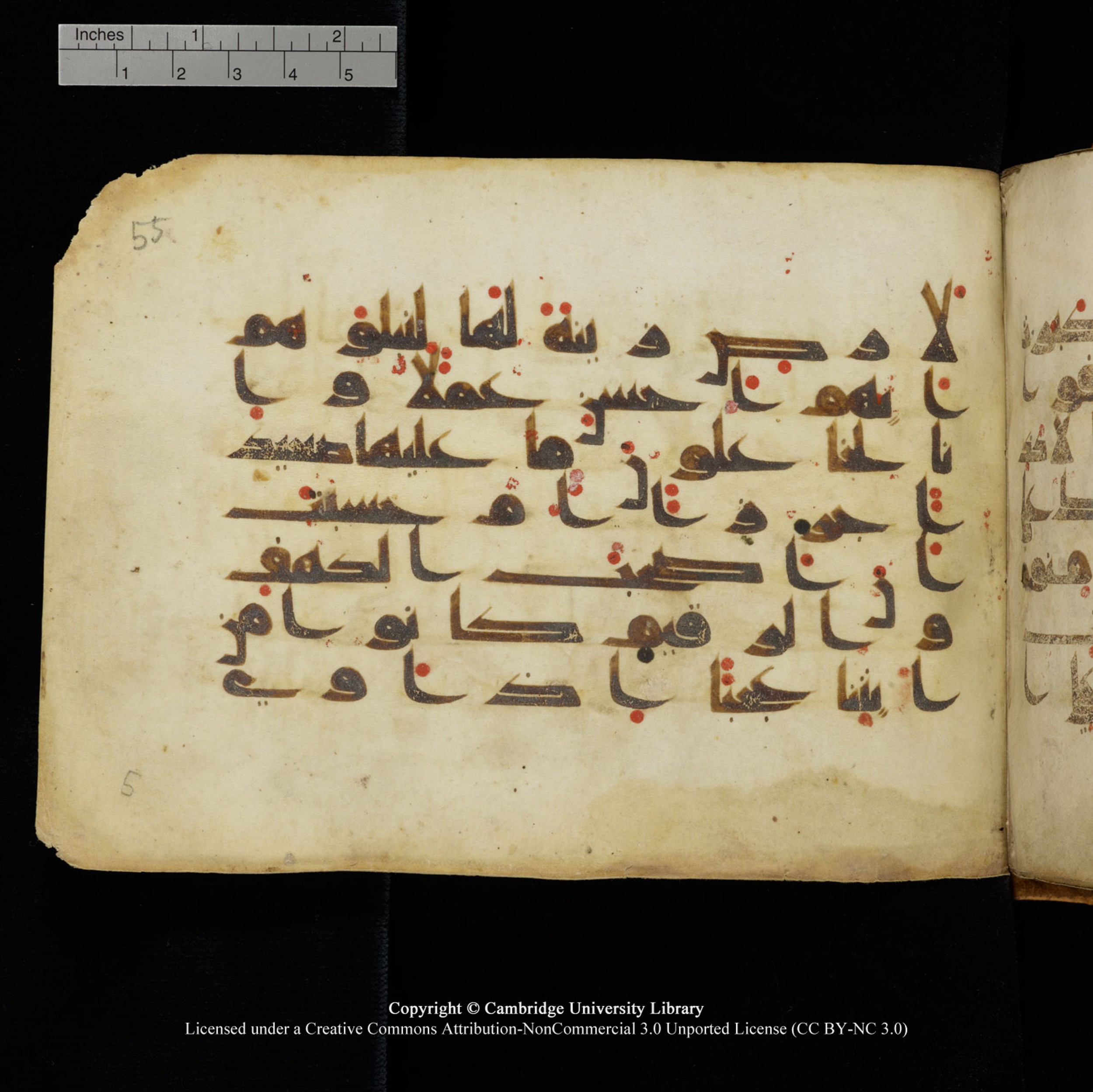 Cambridge University Library, MS Add.1132 (Scan 1), in Kūfī D.I script, showing Surah 18:10 from 9th or 10th Century AD found in Sinai Peninsula, currently housed at Cambridge University Library, Cambridge, UK