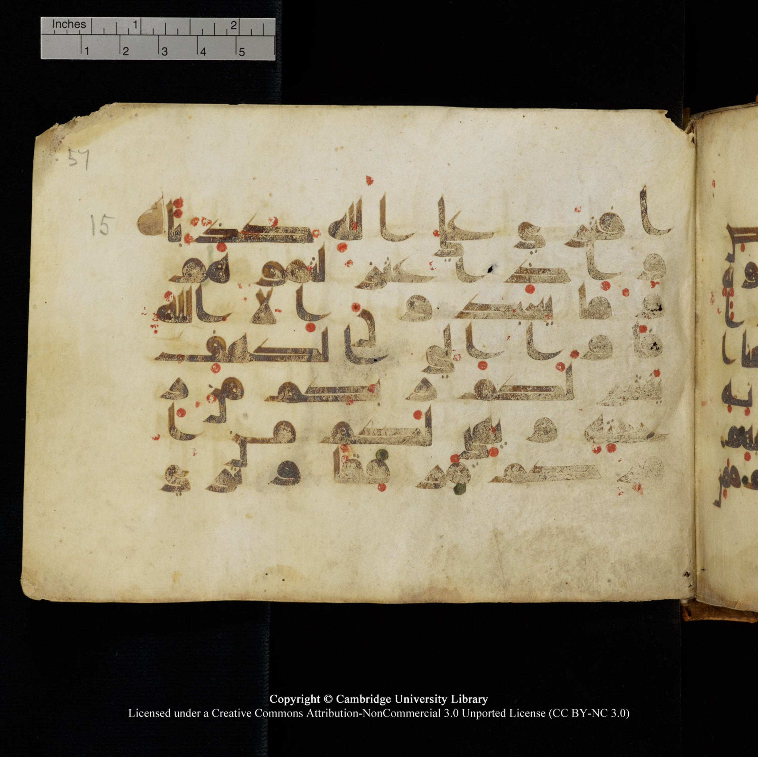 Cambridge University Library, MS Add.1132, in Kūfī D.I script, showing Surah 18:16 from 9th or 10th Century AD found in Sinai Peninsula, currently housed at Cambridge University Library, Cambridge, UK