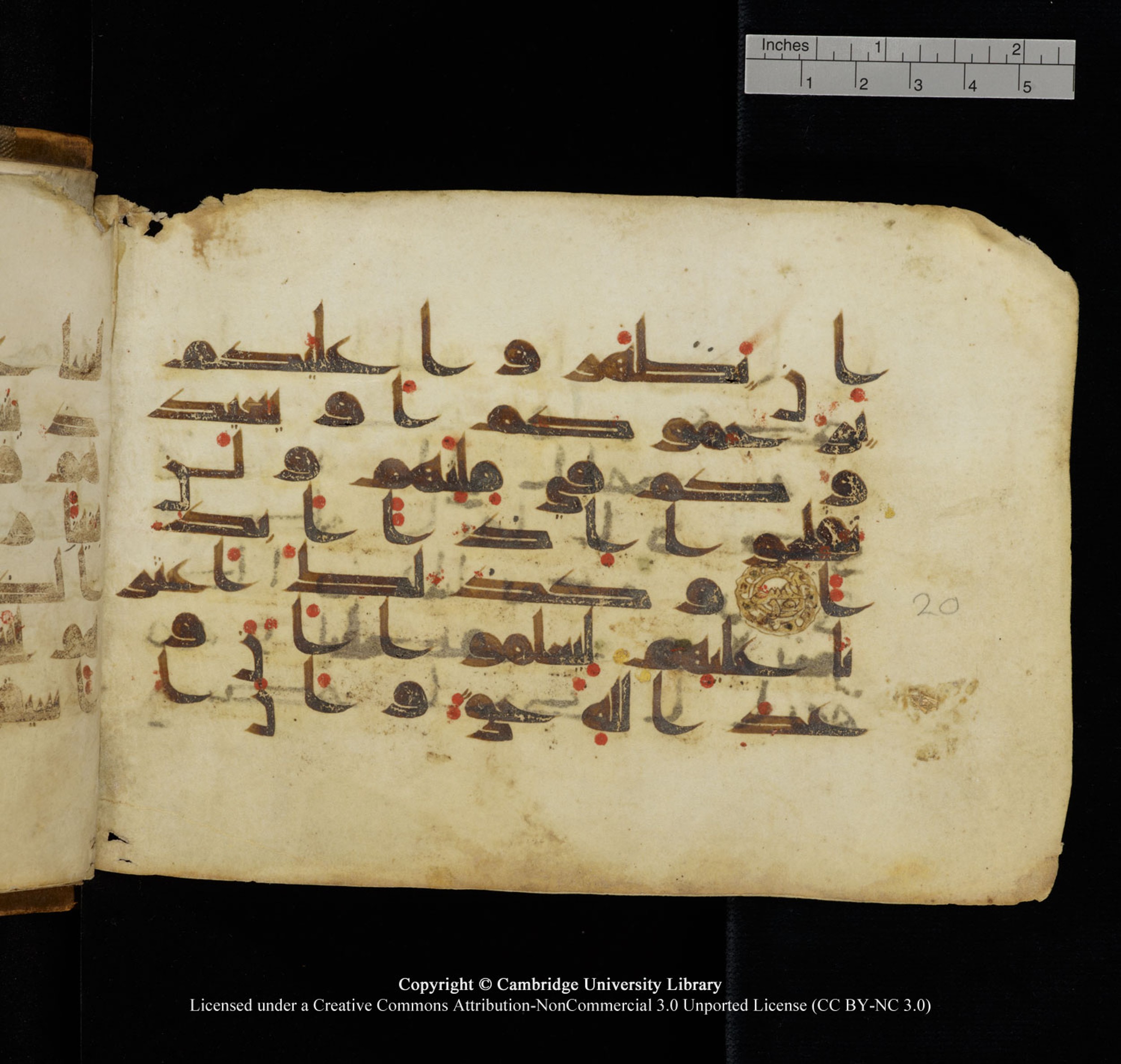 Cambridge University Library, MS Add.1132 (Scan 1), in Kūfī D.I script, showing Surah 18:21 from 9th or 10th Century AD found in Sinai Peninsula, currently housed at Cambridge University Library, Cambridge, UK