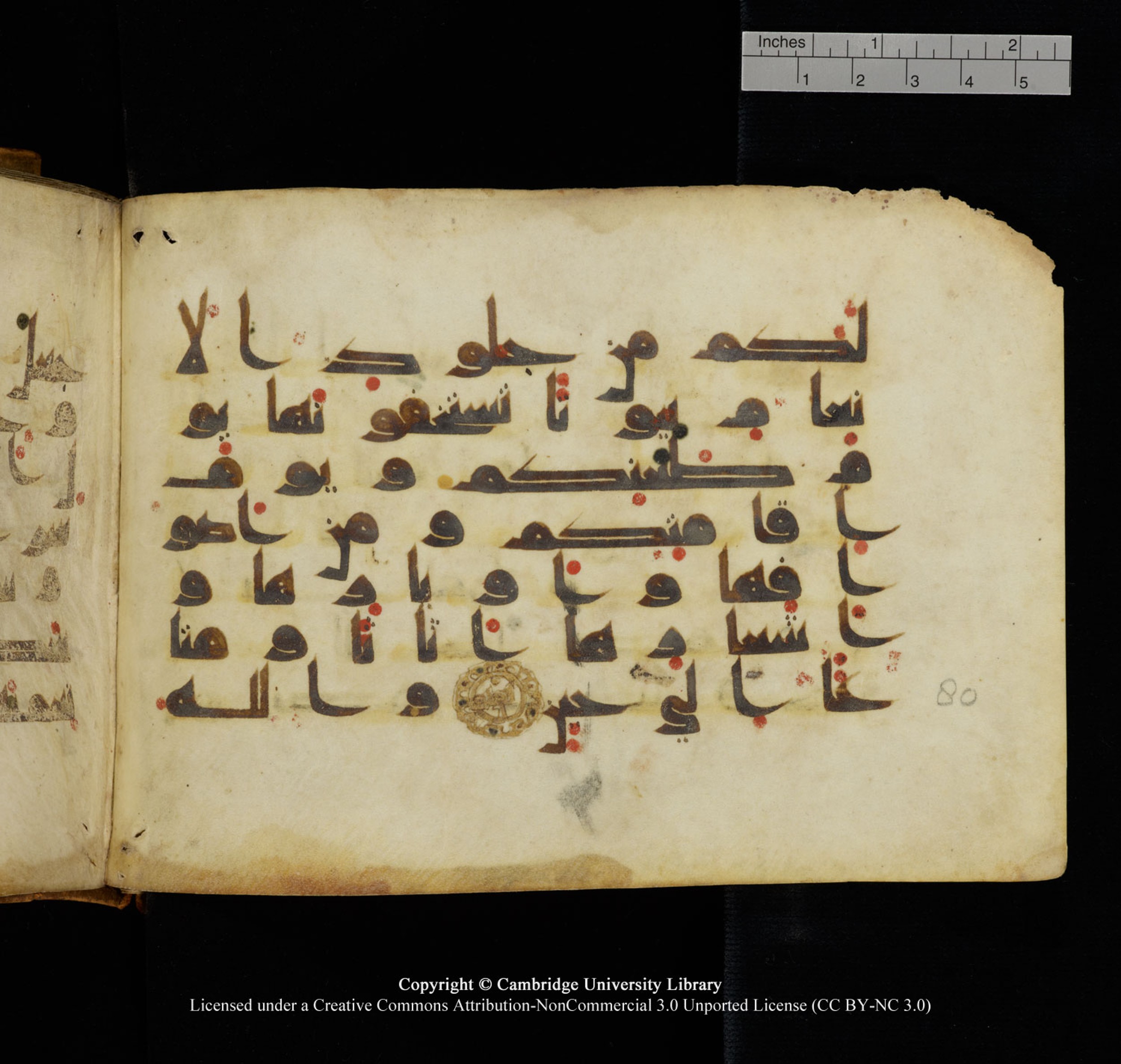 Cambridge University Library, MS Add.1132 (Scan 1), in Kūfī D.I script, showing Surah 16:81 from 9th or 10th Century AD found in Sinai Peninsula, currently housed at Cambridge University Library, Cambridge, UK