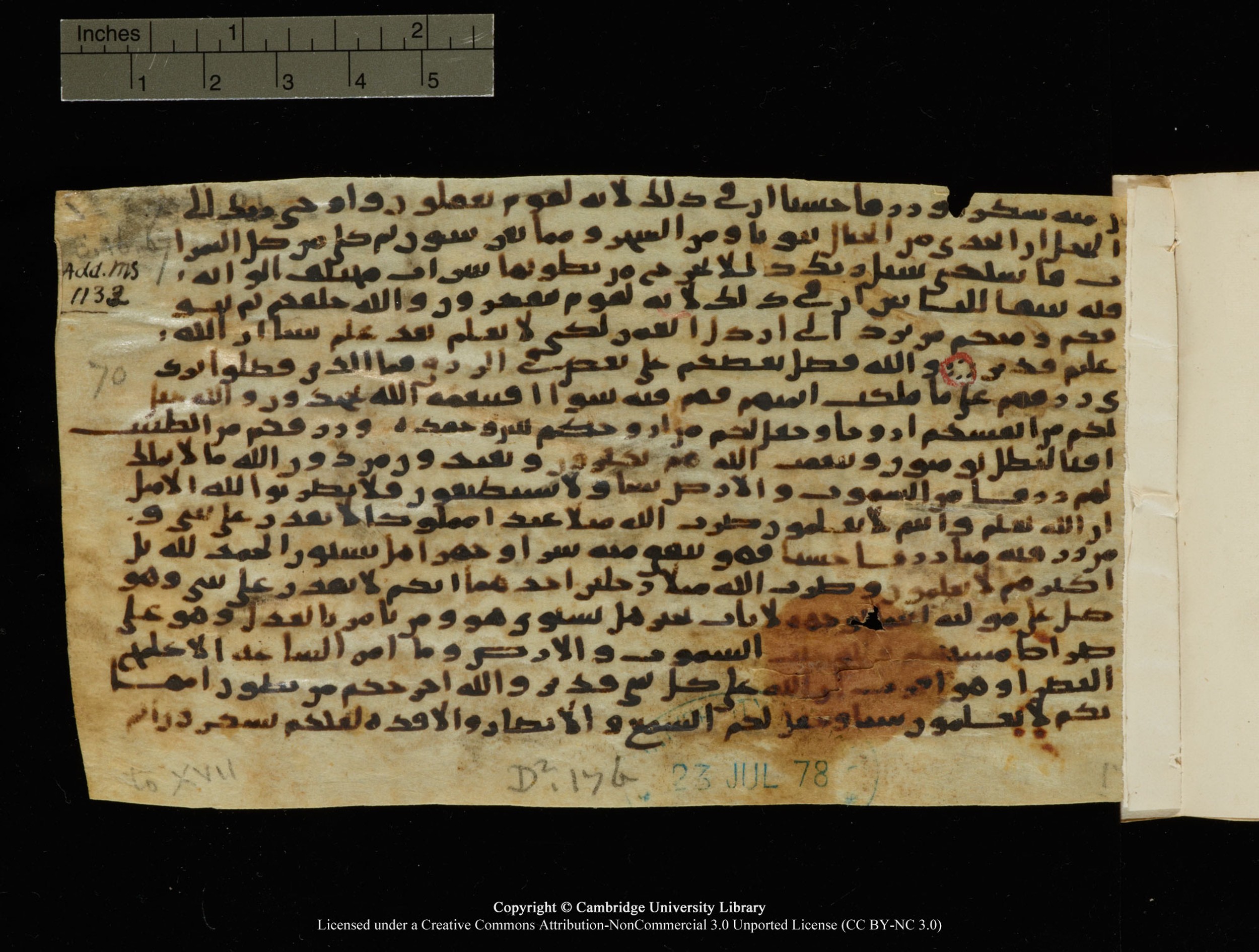 Cambridge University Library MS Add. 1133, in Kūfī E.I script, showing Surah 16:71 from 9th Century AD found in Sinai Peninsula, currently housed at Cambridge University Library, Cambridge, UK