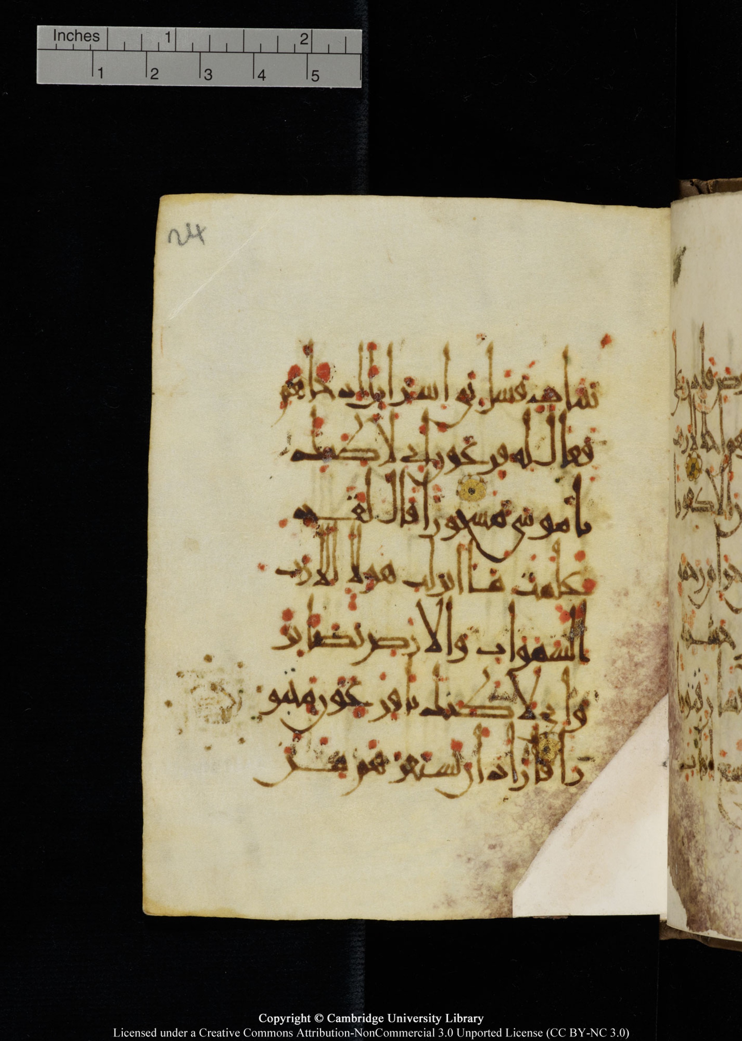 Cambridge, Cambridge University Library, MS Add.1134 (Scan 1), in maġribī script, showing Surah 17:103 from 10th Century AD found in Sinai Peninsula, currently housed at Cambridge University Library, Cambridge