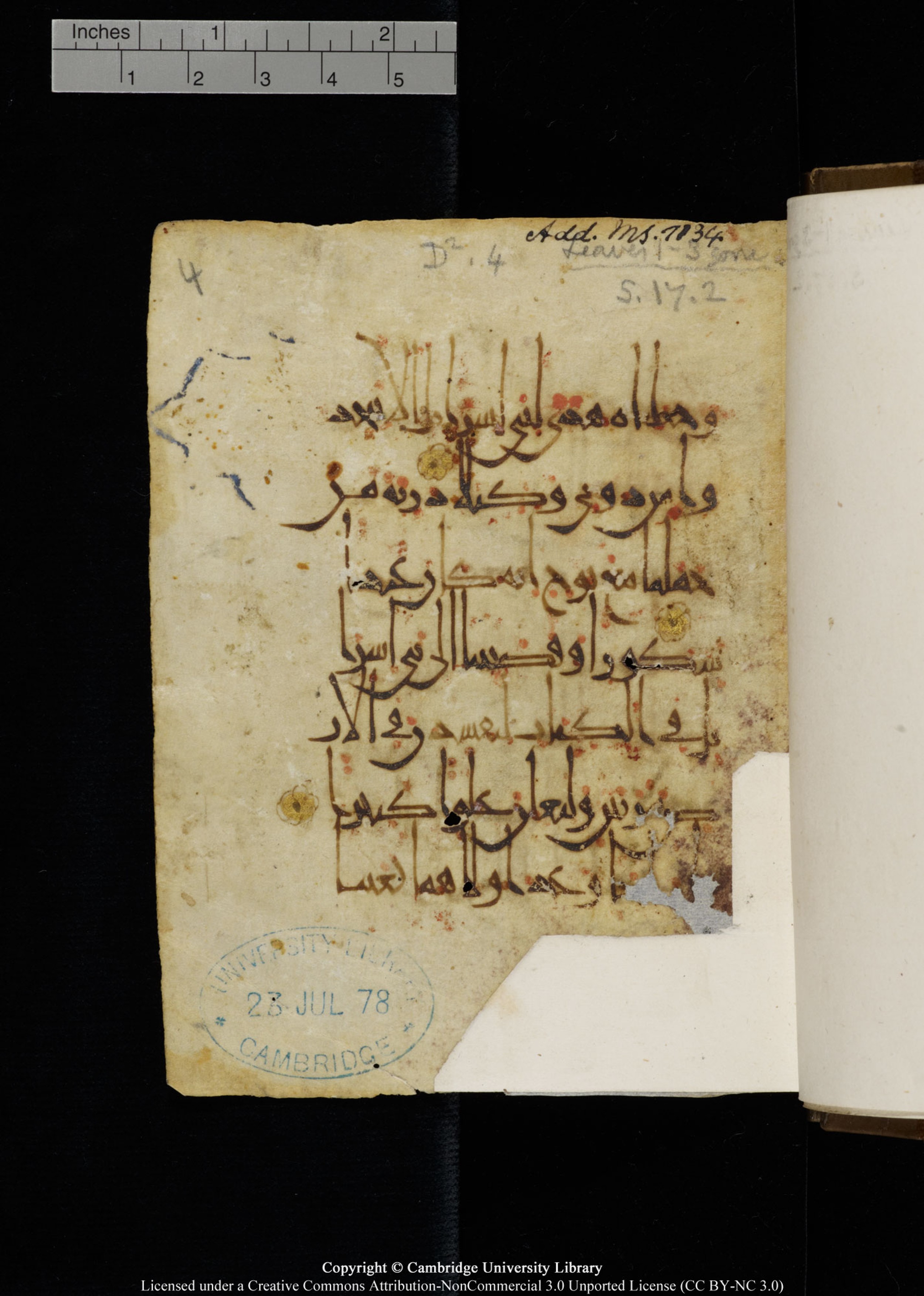Cambridge, Cambridge University Library, MS Add.1134, in maġribī script, showing Surah 17:3 from 10th Century AD found in Sinai Peninsula, currently housed at Cambridge University Library, Cambridge