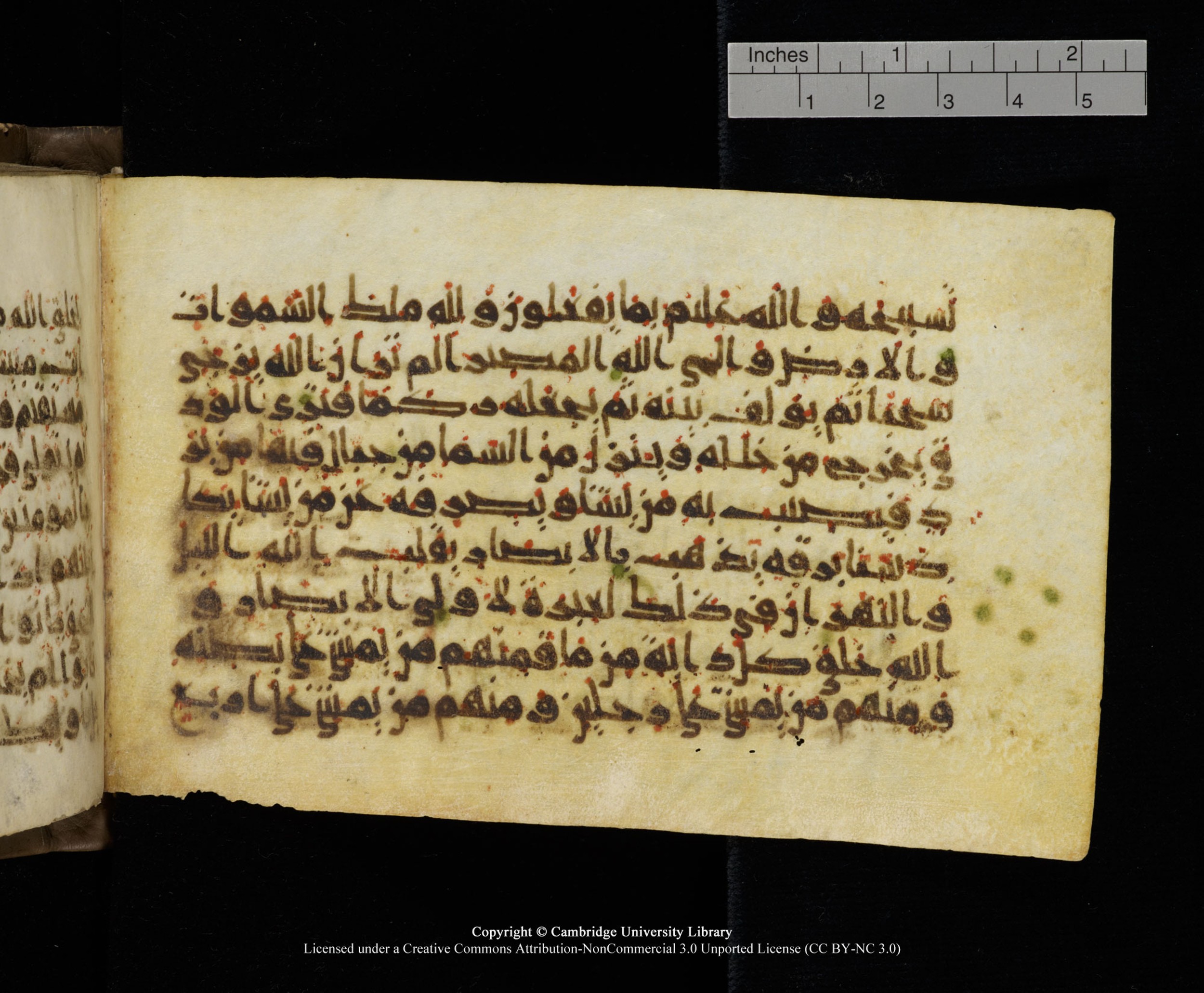 Cambridge MS Add.1137, in kūfī E script, showing Surah 24:44 from 9th or 10th Century AD found in Sinai Peninsula, Egypt, currently housed at Cambridge University Library, Cambridge