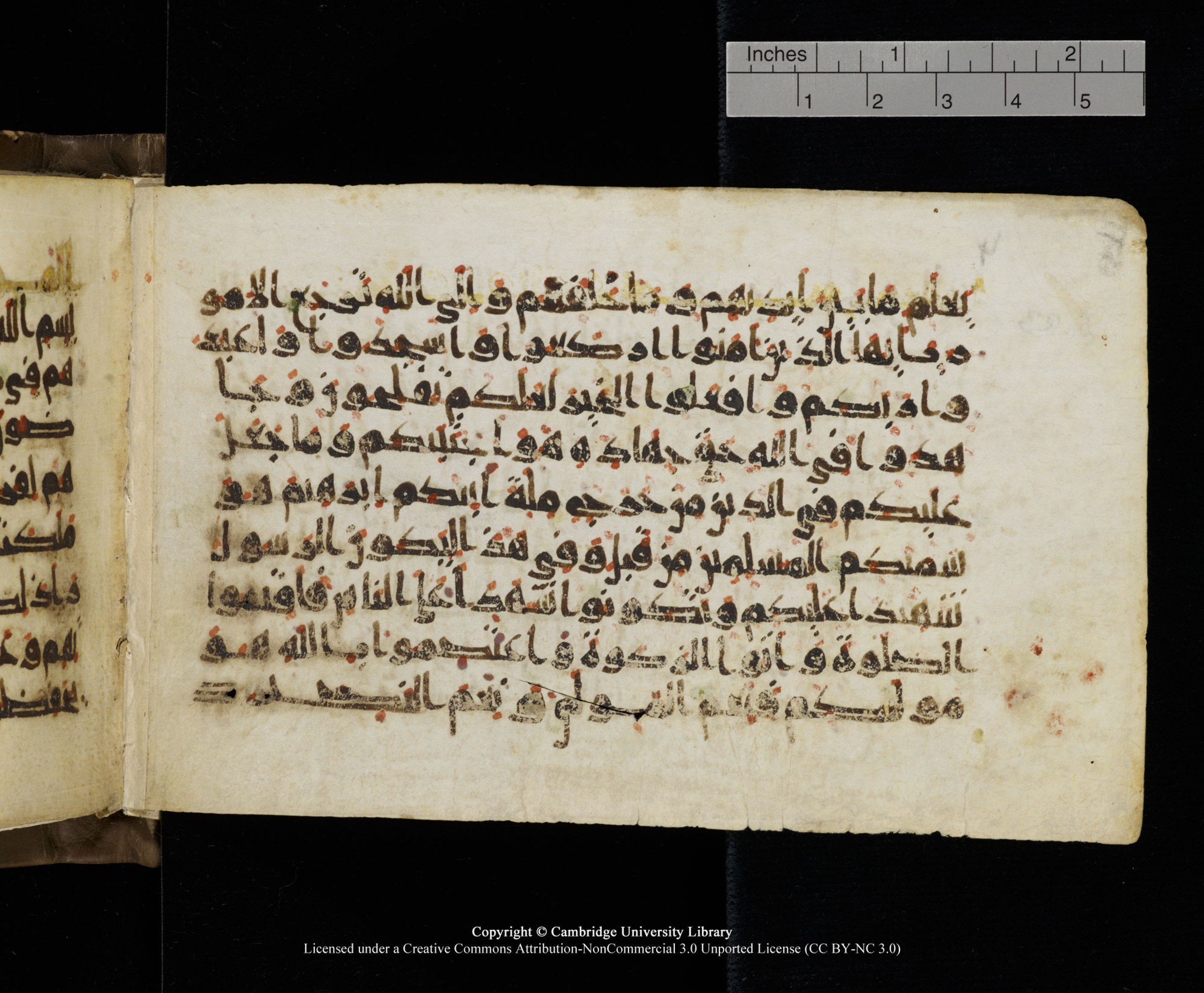 Cambridge MS Add.1137, in kūfī E script, showing Surah 22:76 from 9th or 10th Century AD found in Sinai Peninsula, Egypt, currently housed at Cambridge University Library, Cambridge