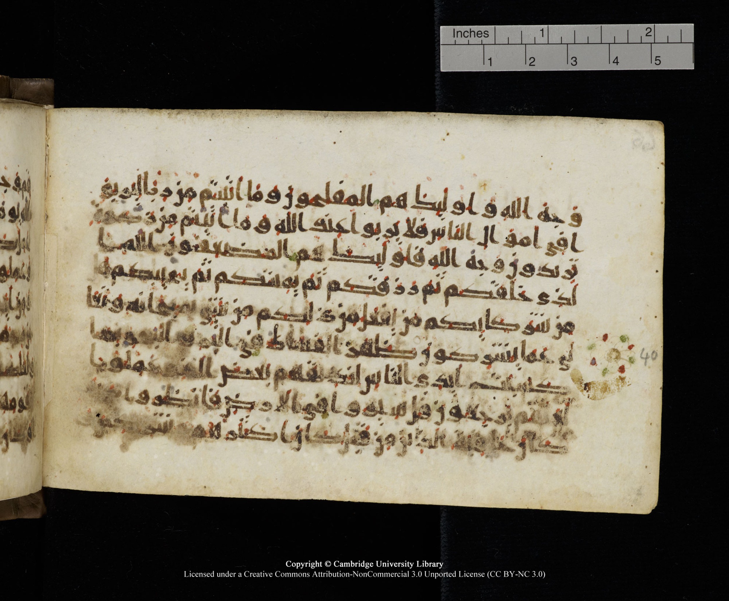 Cambridge MS Add.1137, in kūfī E script, showing Surah 30:40 from 9th or 10th Century AD found in Sinai Peninsula, Egypt, currently housed at Cambridge University Library, Cambridge