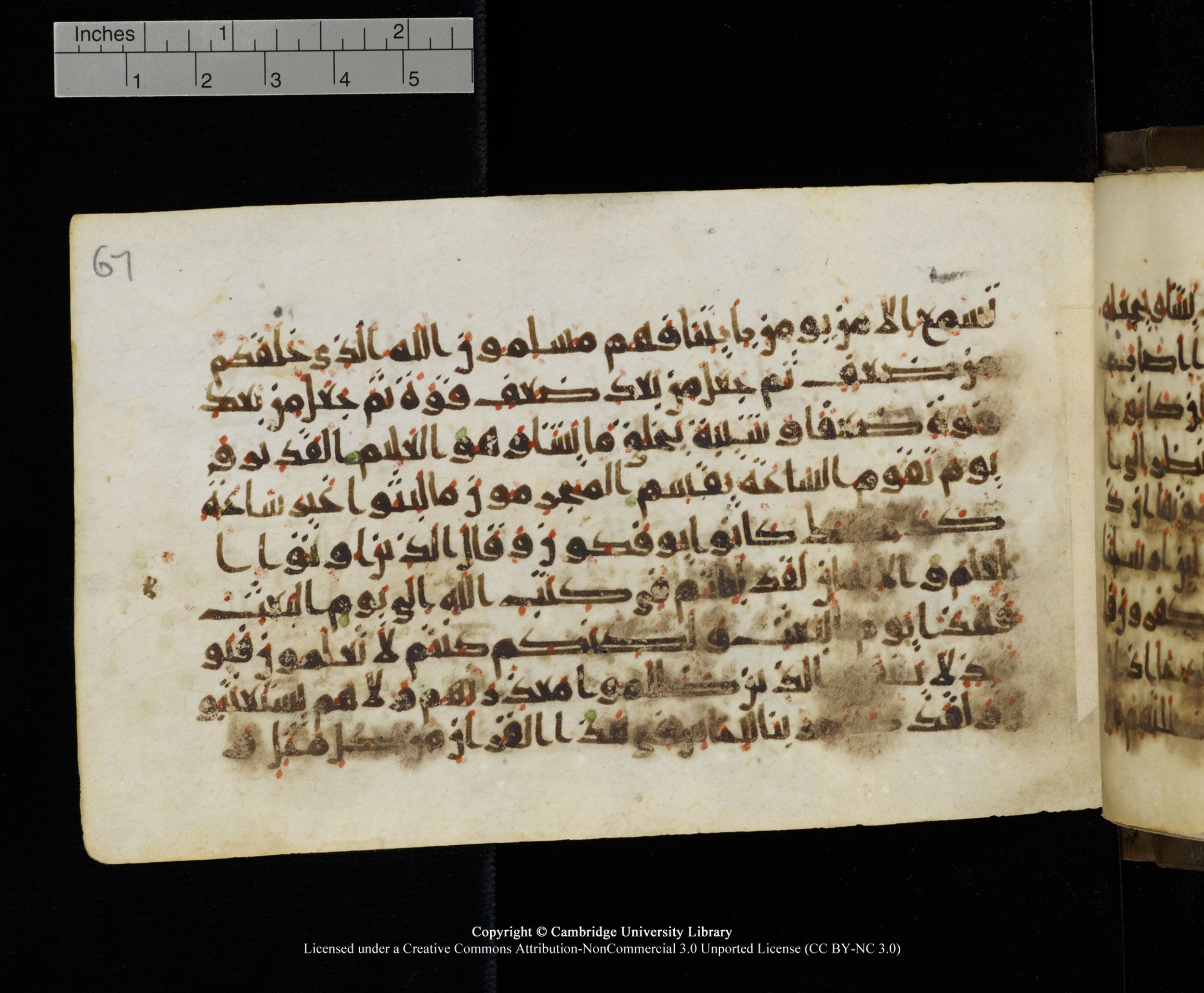 Cambridge MS Add.1137, in kūfī E script, showing Surah 30:56 from 9th or 10th Century AD found in Sinai Peninsula, Egypt, currently housed at Cambridge University Library, Cambridge