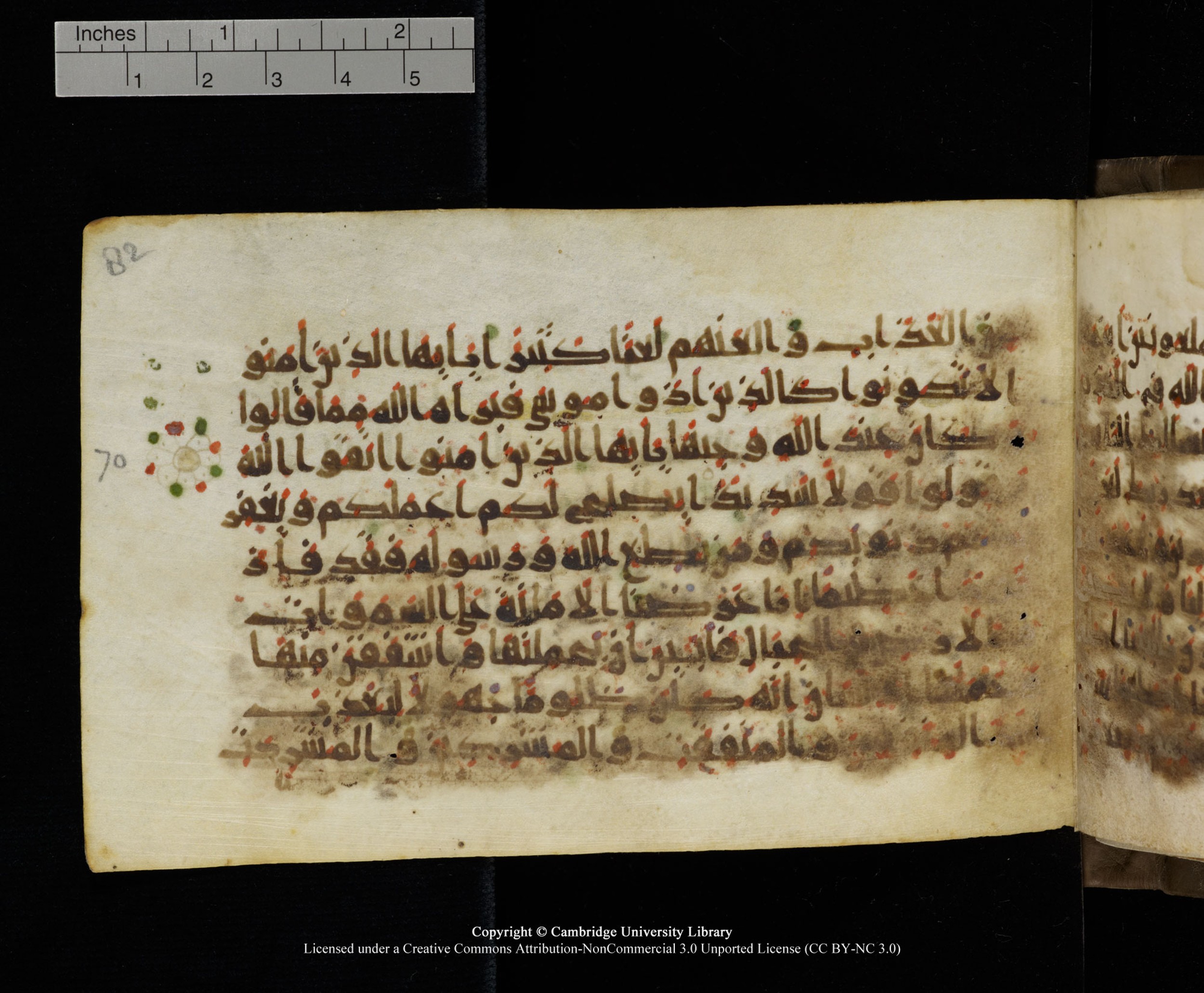 Cambridge MS Add.1137 (Scan 1), in kūfī E script, showing Surah 33:73 from 9th or 10th Century AD found in Sinai Peninsula, Egypt, currently housed at Cambridge University Library, Cambridge