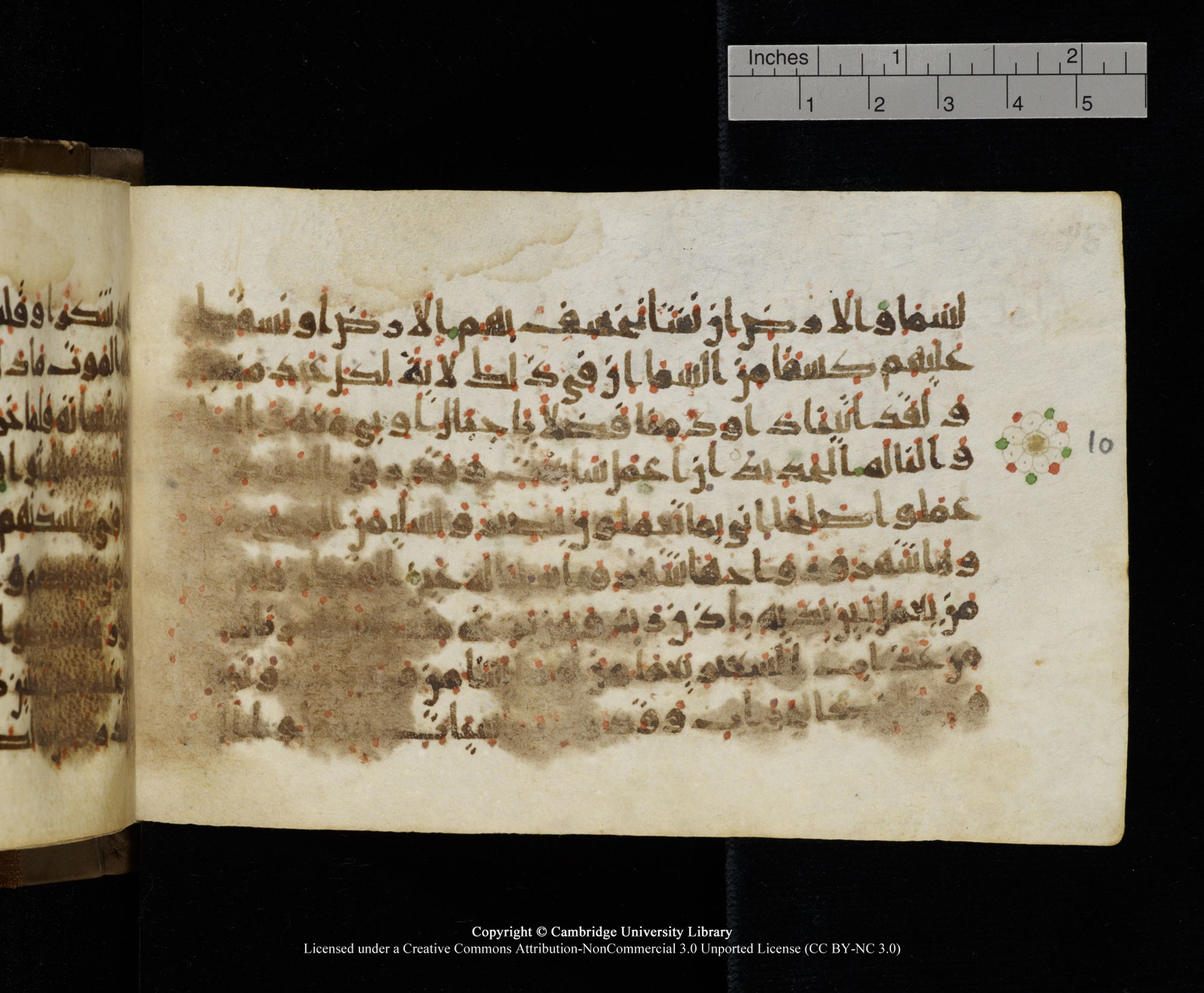 Cambridge MS Add.1137 (Scan 2), in kūfī E script, showing Surah 34:9 from 9th or 10th Century AD found in Sinai Peninsula, Egypt, currently housed at Cambridge University Library, Cambridge