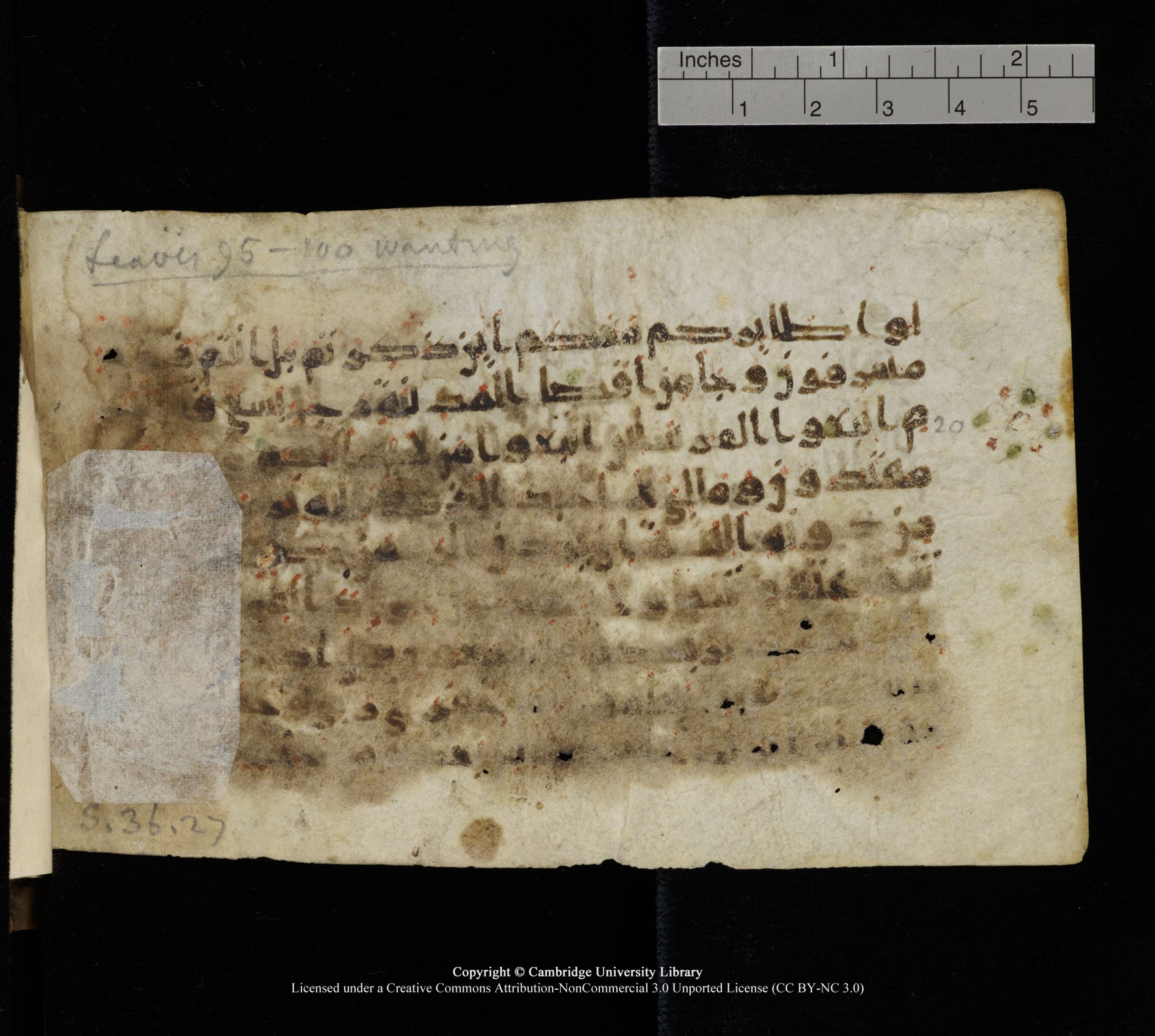 Cambridge MS Add.1137, in kūfī E script, showing Surah 36:22 from 9th or 10th Century AD found in Sinai Peninsula, Egypt, currently housed at Cambridge University Library, Cambridge